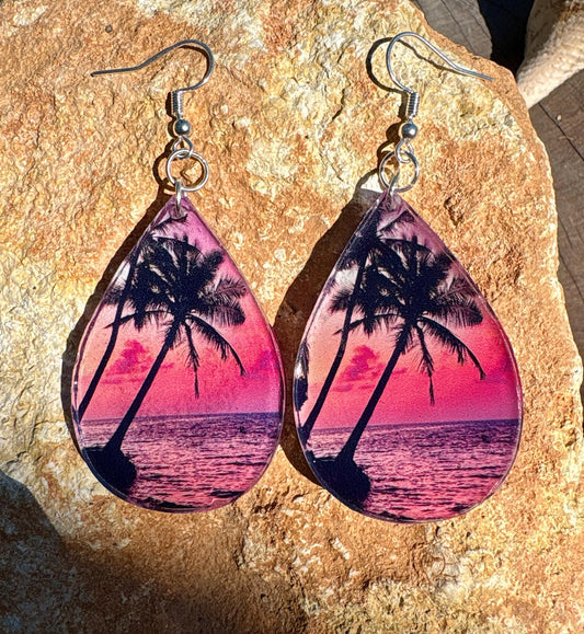 Resin Teardrop Palm Tree Dangle Earrings, Vacation and Summer Jewelry, Beach and Tropical Accessory
