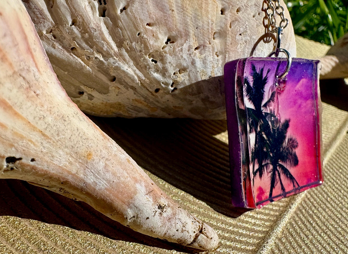 Palm Tree Resin Pendant Necklace, Vacation and Summer Jewelry, Beach and Tropical Accessory, Sunset