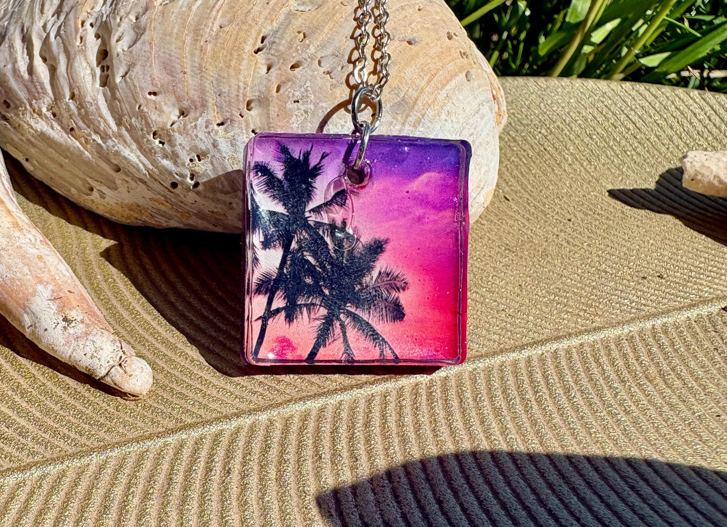 Palm Tree Resin Pendant Necklace, Vacation and Summer Jewelry, Beach and Tropical Accessory, Sunset