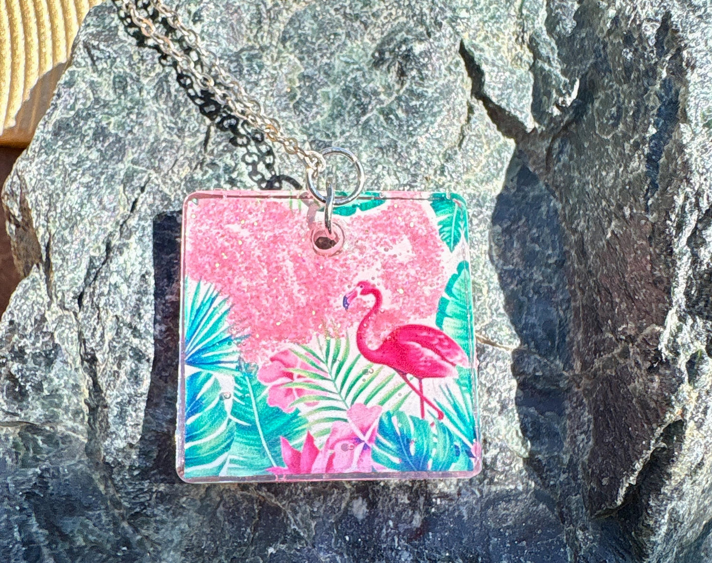 Flamingo Resin Pendant Necklace, Vacation and Summer Jewelry, Beach and Tropical Accessory, Palm Tree