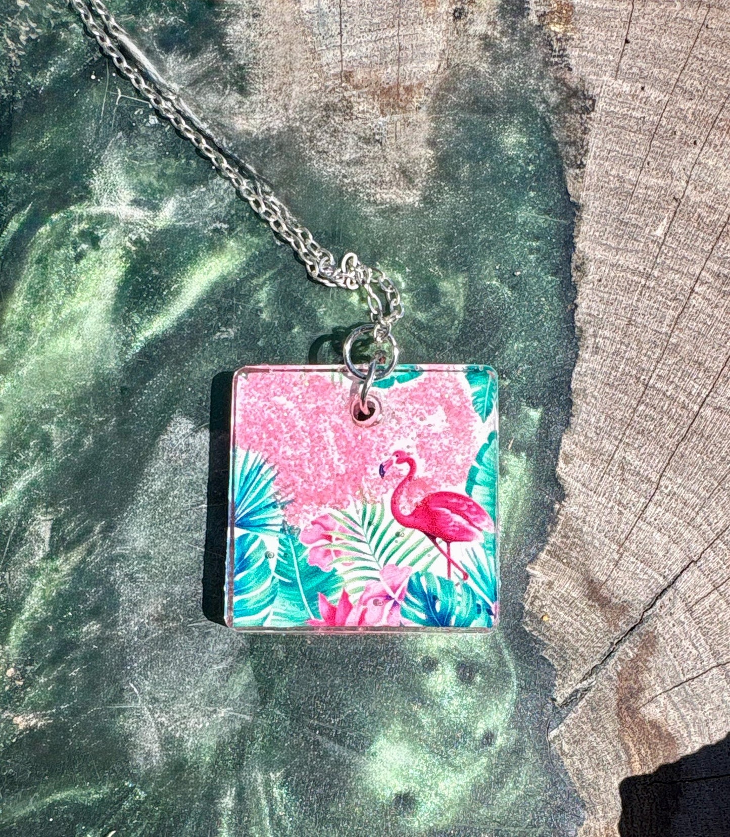 Flamingo Resin Pendant Necklace, Vacation and Summer Jewelry, Beach and Tropical Accessory, Palm Tree