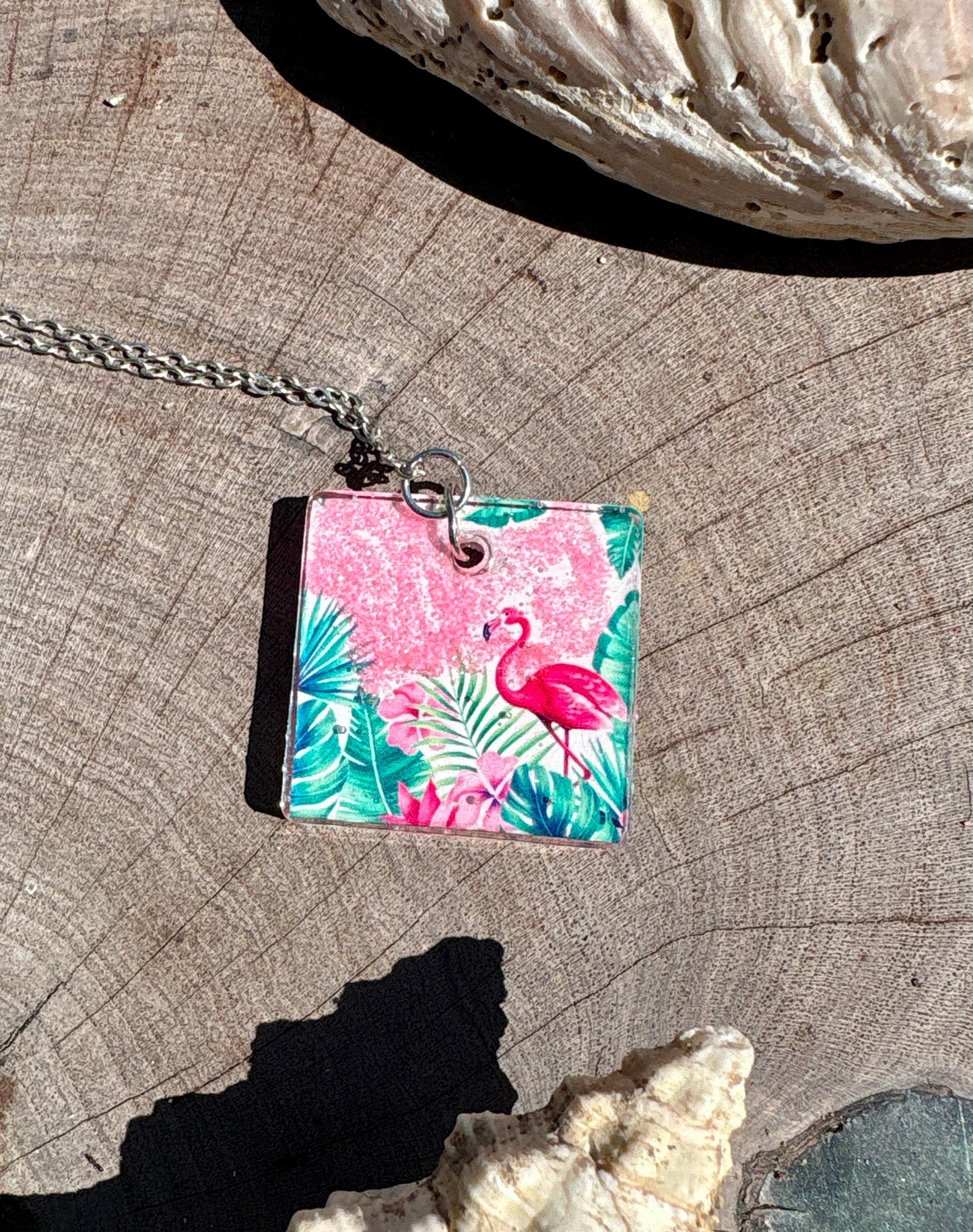 Flamingo Resin Pendant Necklace, Vacation and Summer Jewelry, Beach and Tropical Accessory, Palm Tree