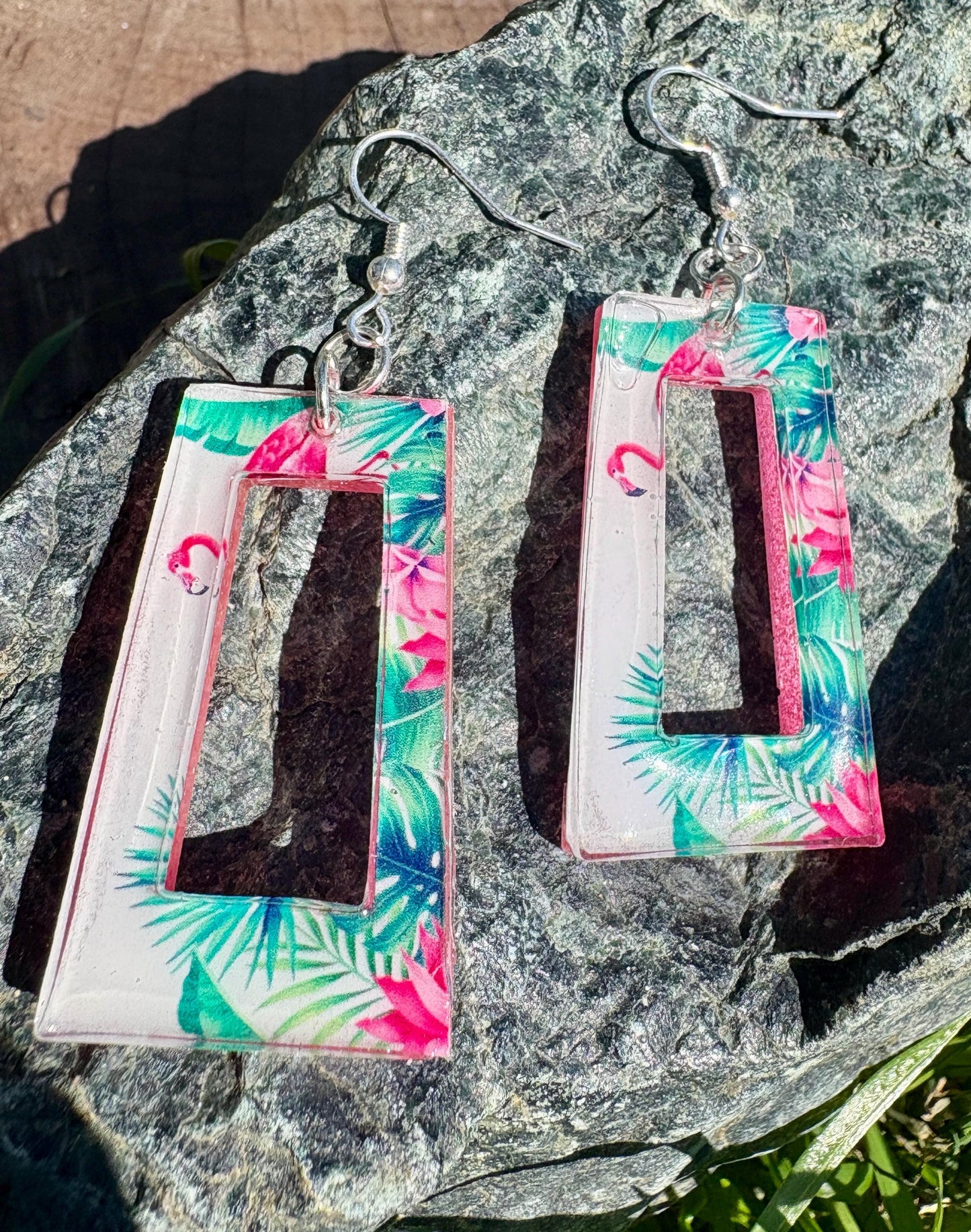 Flamingo Resin Dangle Earrings, Vacation and Summer Jewelry, Beach and Tropical Accessory, Palm Tree