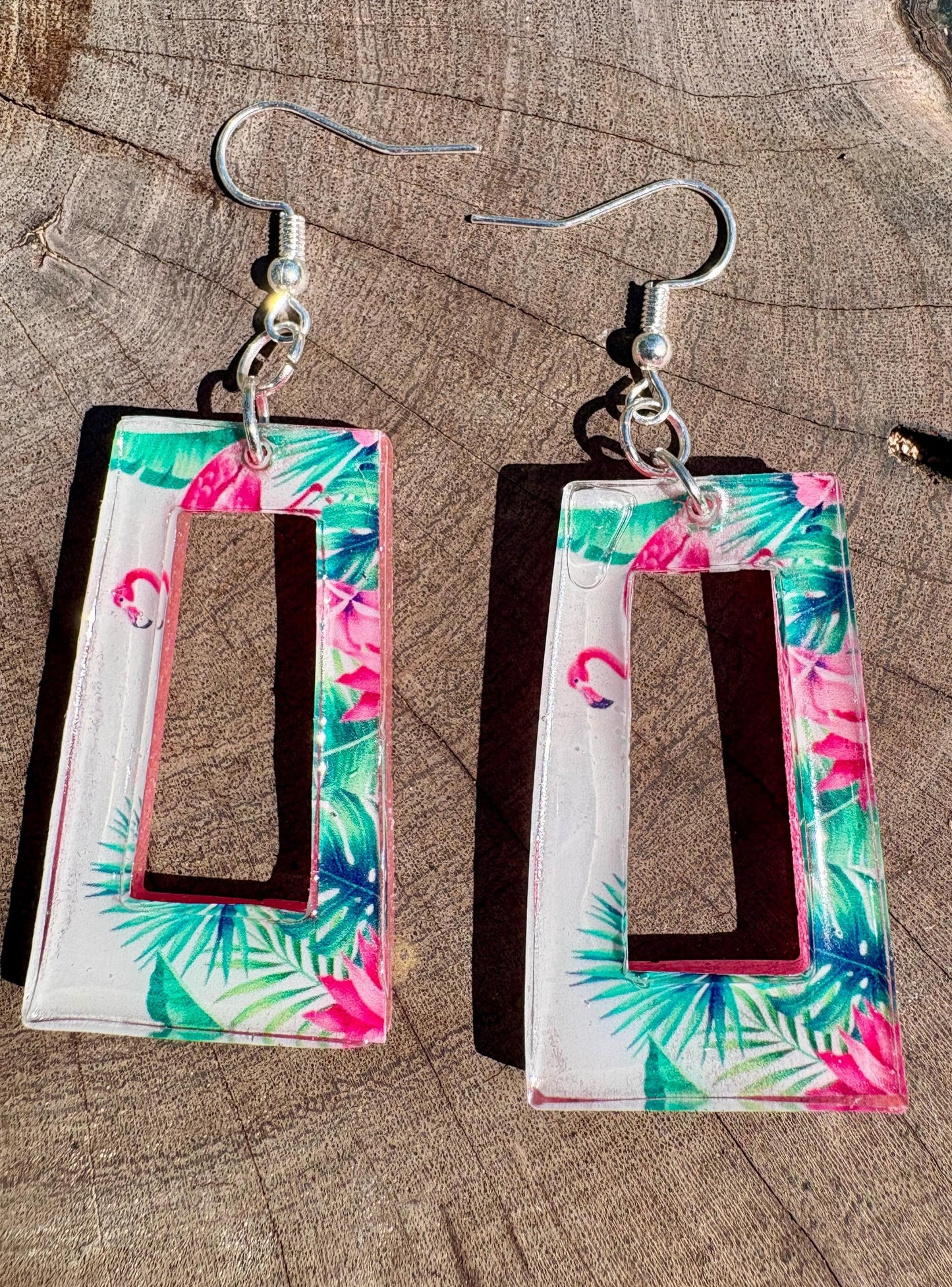 Flamingo Resin Dangle Earrings, Vacation and Summer Jewelry, Beach and Tropical Accessory, Palm Tree