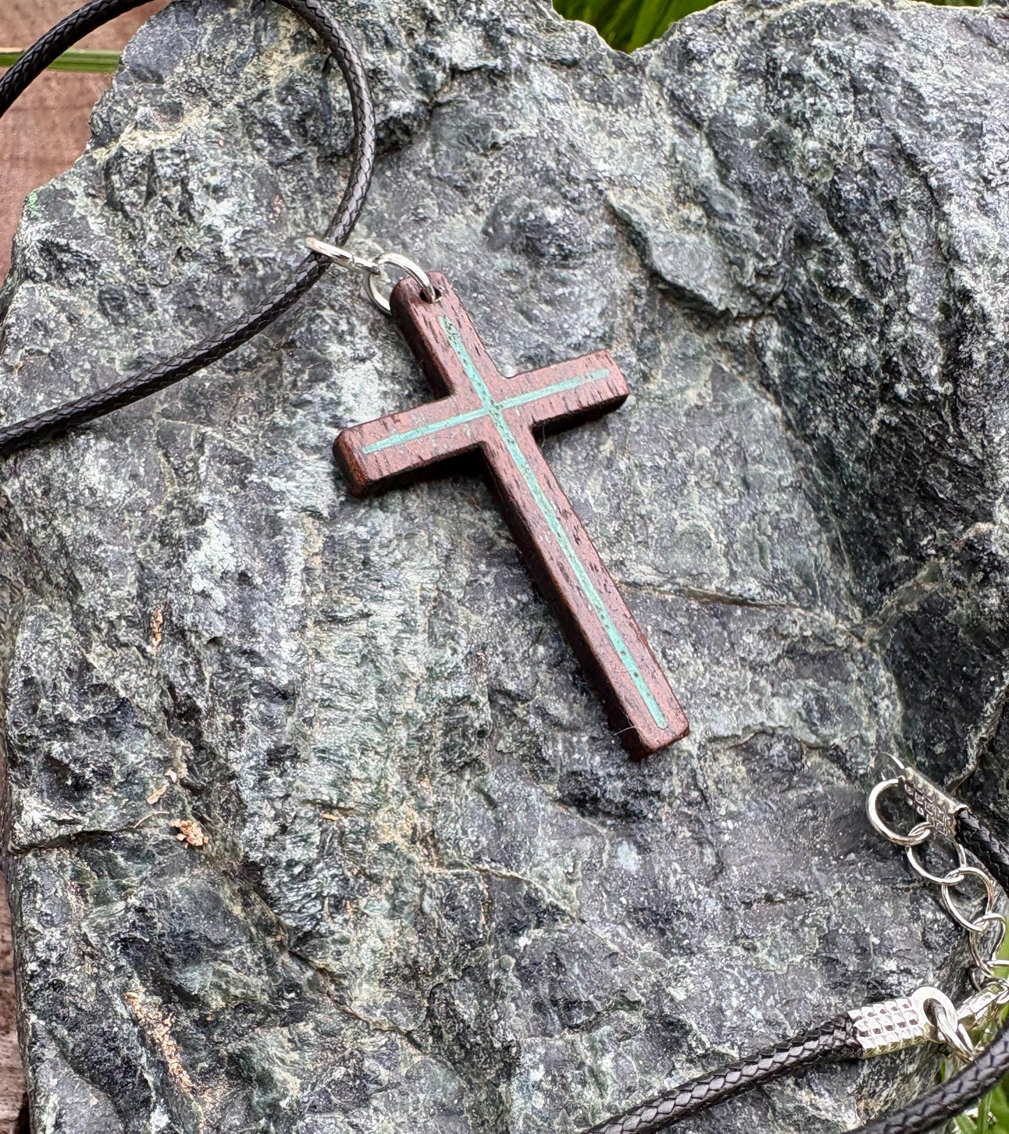 Handmade Black Walnut Cross Necklace, Turquoise Resin Inlay, Adjustable Cord, Christian Jewelry