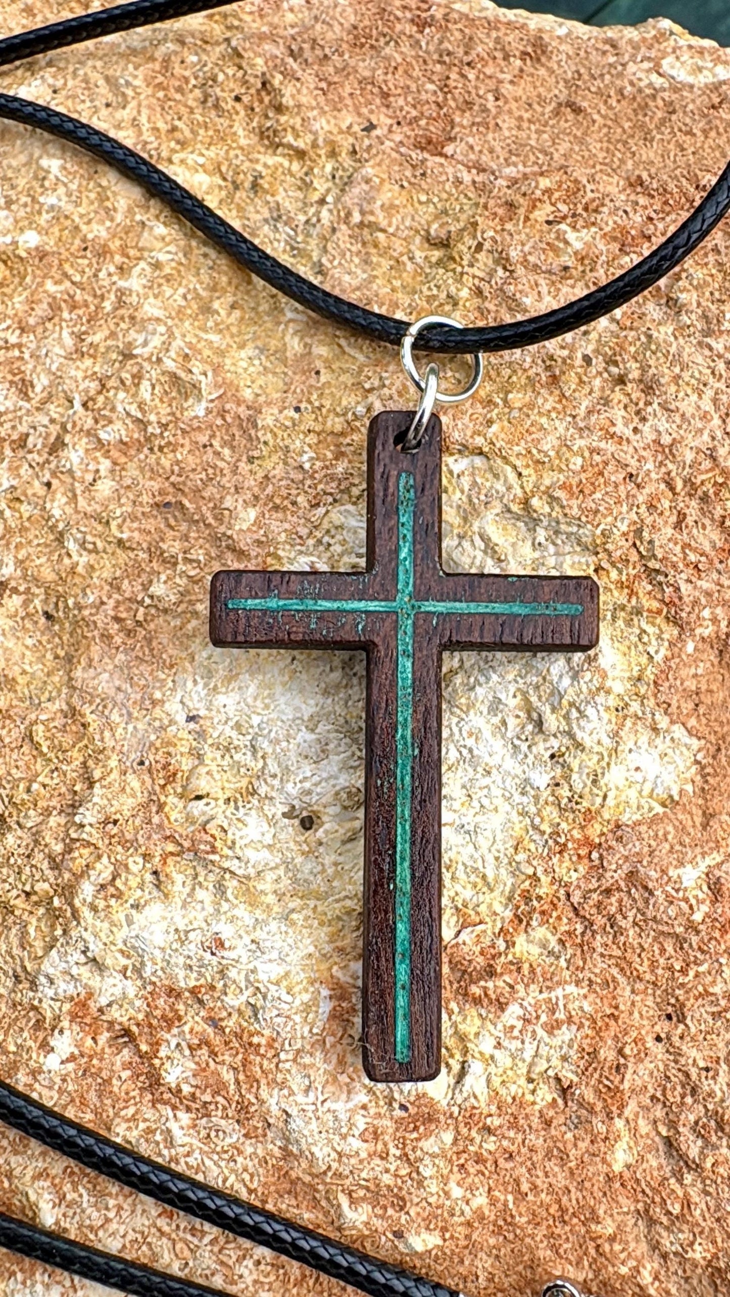 Handmade Black Walnut Cross Necklace, Turquoise Resin Inlay, Adjustable Cord, Christian Jewelry