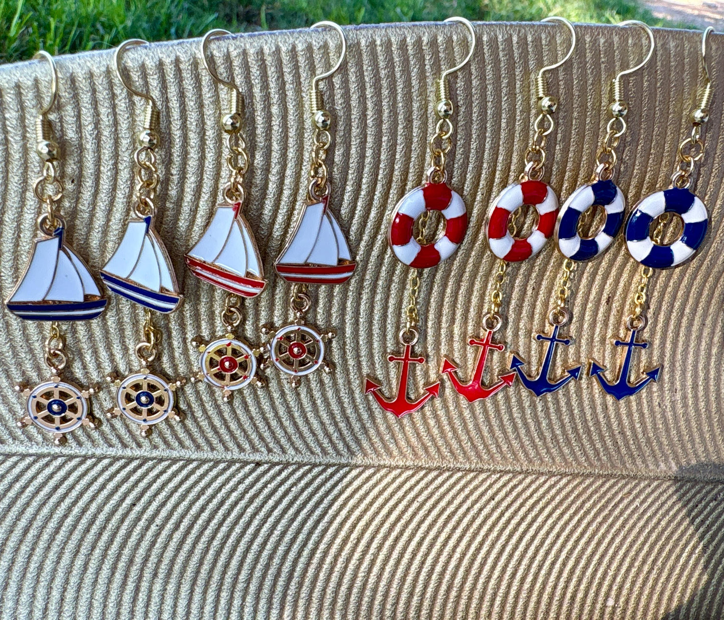 Nautical Dangle Earrings | Red White Blue Enamel Lifesaver Anchor Coastal Jewelry