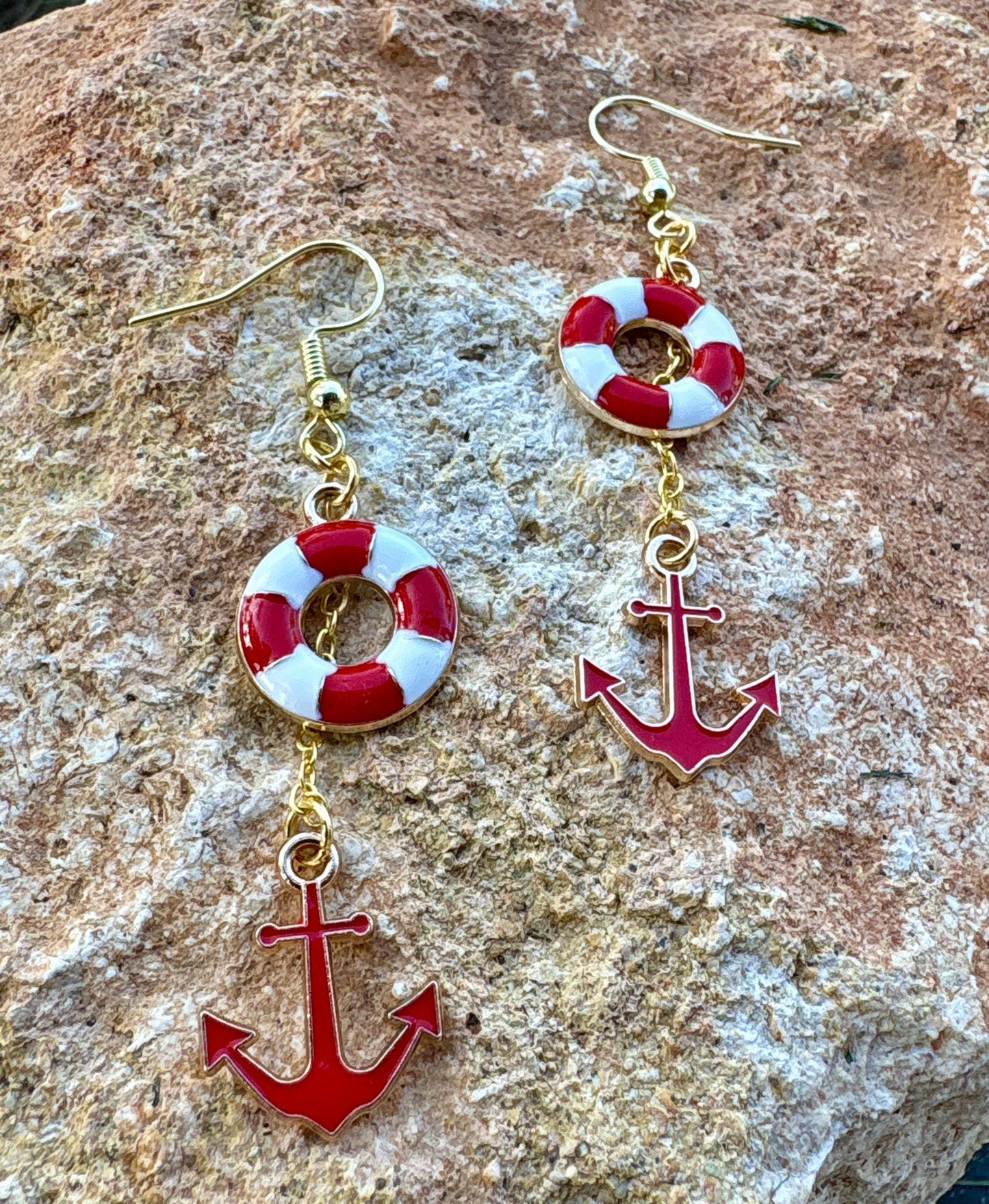 Nautical Enamel Dangle Earrings | Anchor Lifesaver Charm | Coastal Beach Jewelry