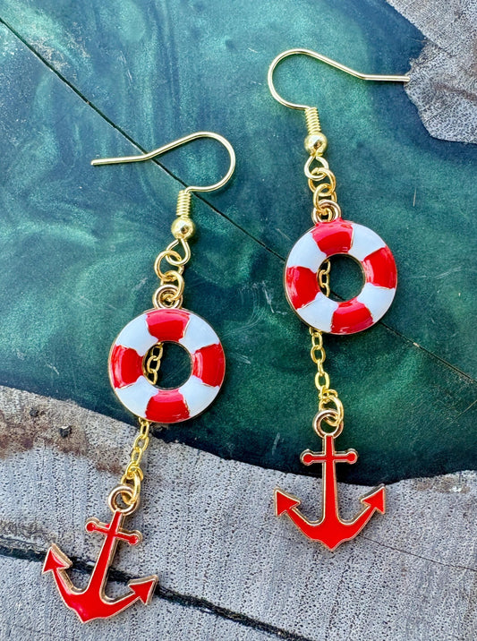 Nautical Dangle Earrings | Red White Blue Enamel Lifesaver Anchor Coastal Jewelry