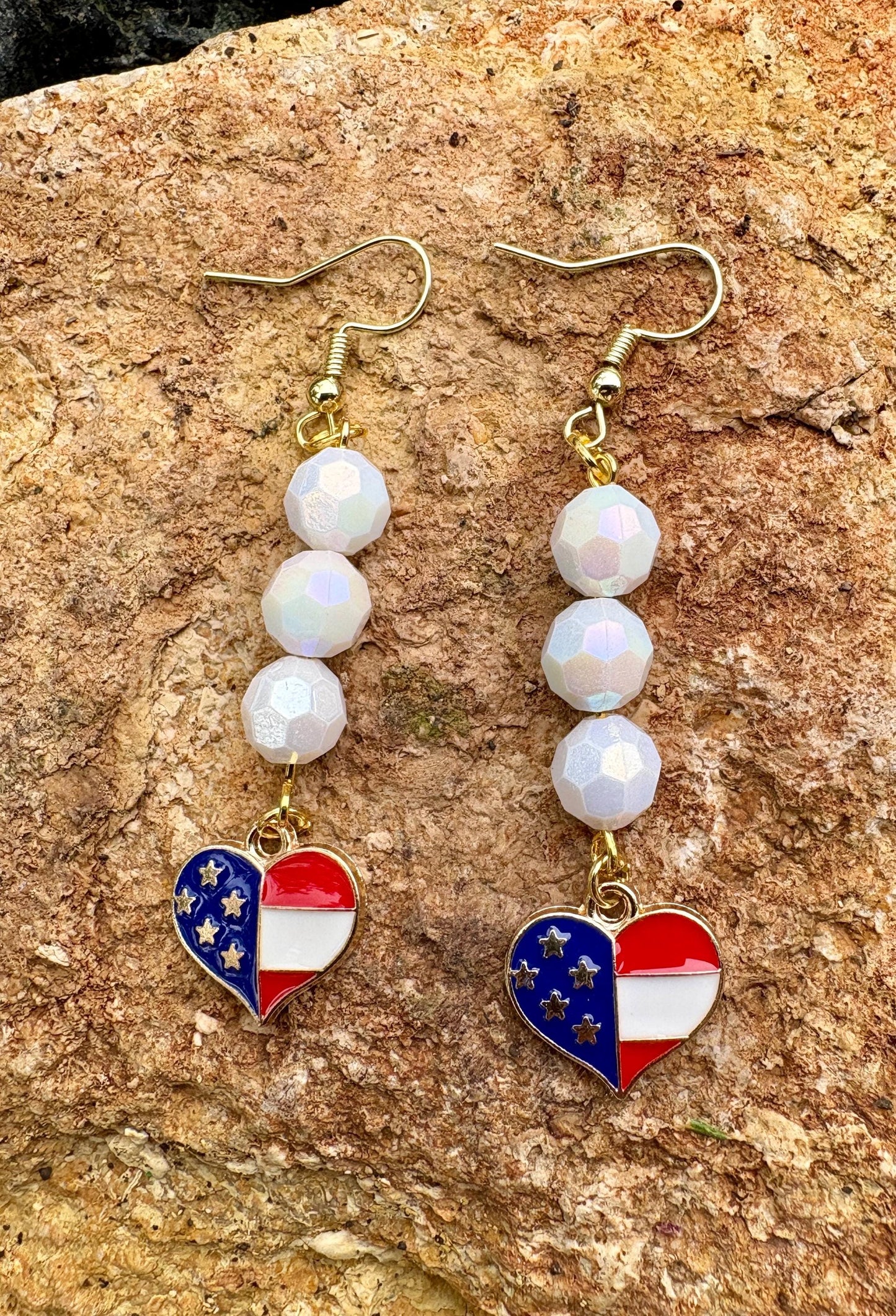 Handmade Patriotic Dangle Earrings, Red White Blue Heart Charms, Gold-Tone Hooks