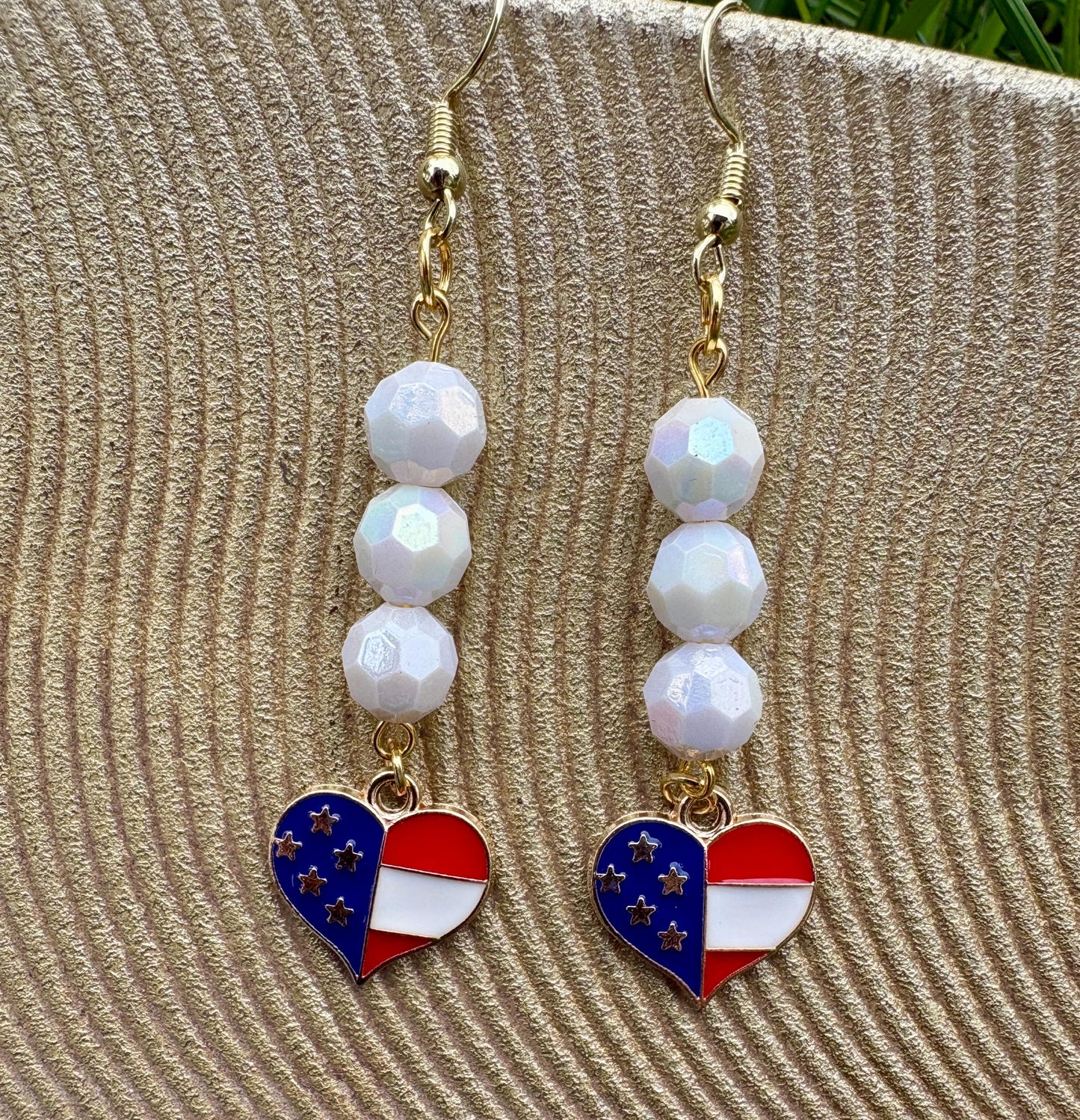 Handmade Patriotic Dangle Earrings, Red White Blue Heart Charms, Gold-Tone Hooks