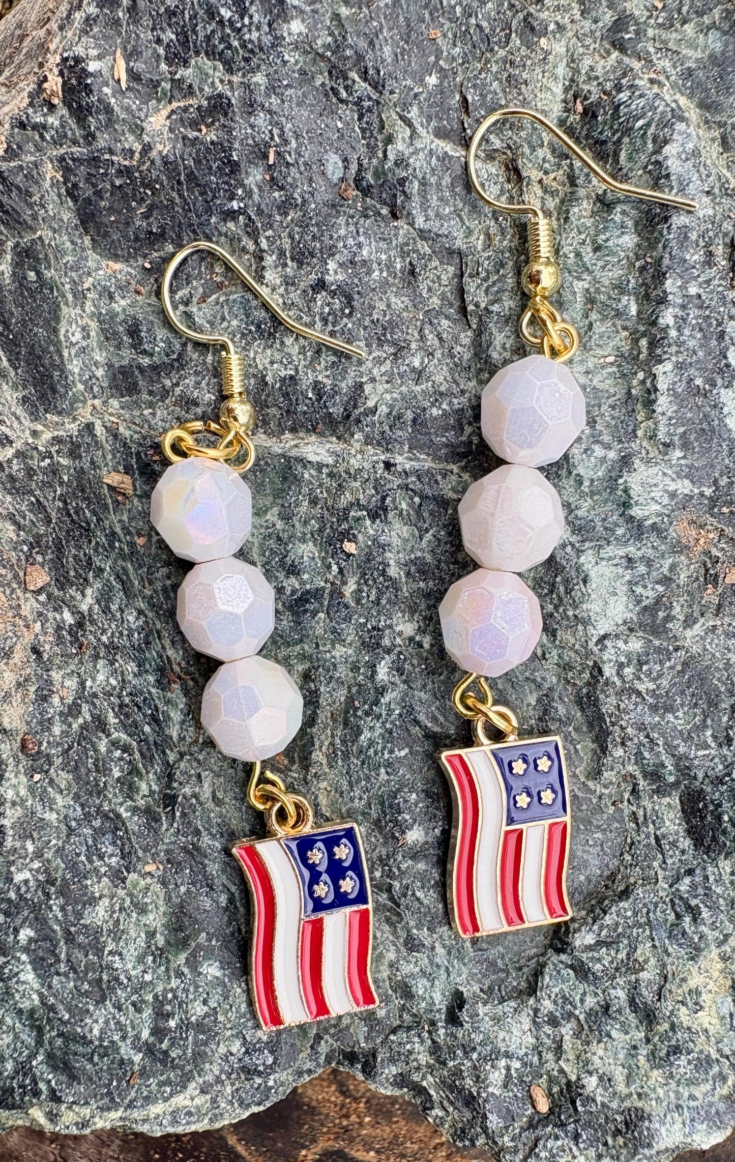 Handmade Patriotic Americana Dangle Earrings, White Faceted Beads, Gold-Tone Hooks