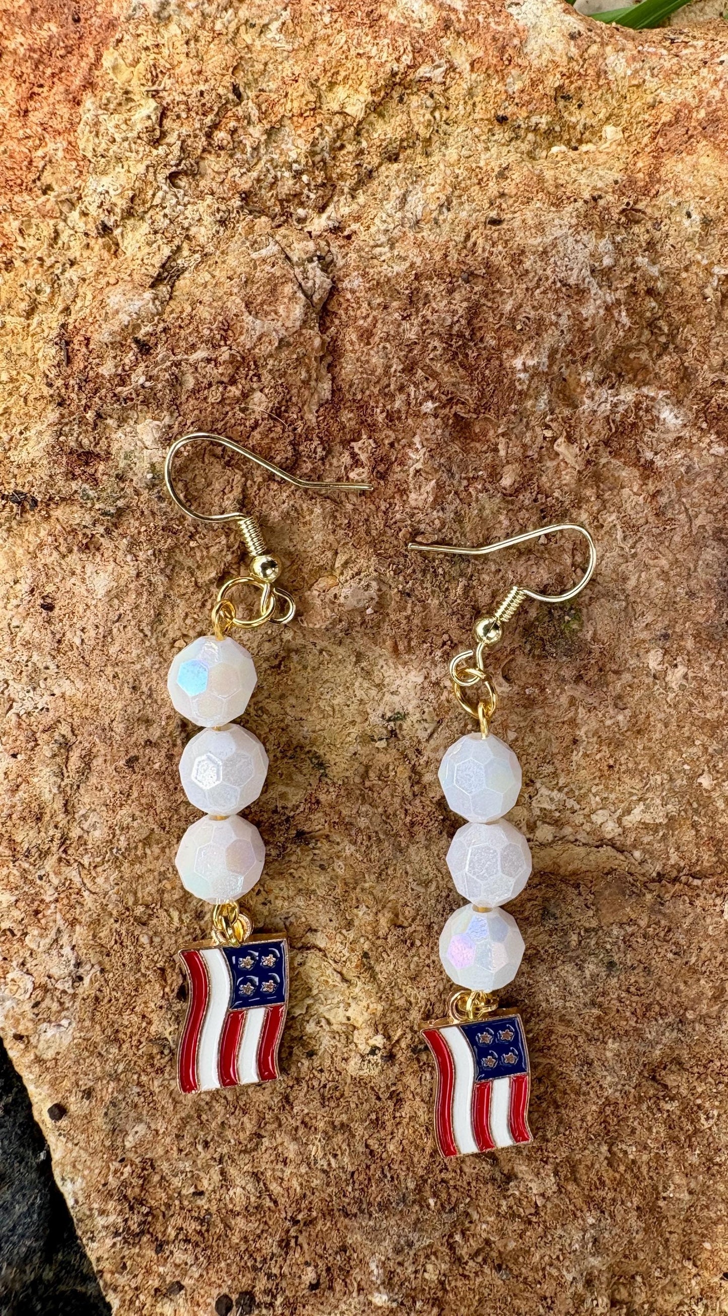 Handmade Patriotic Americana Dangle Earrings, White Faceted Beads, Gold-Tone Hooks