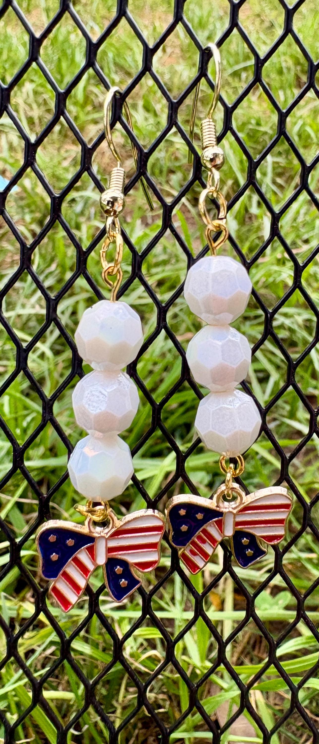 Handmade Patriotic Americana Earrings, White Beads, Flag Bow Charms, 4th of July Jewelry