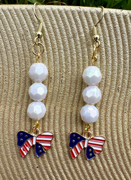 Handmade Patriotic Americana Earrings, White Beads, Flag Bow Charms, 4th of July Jewelry