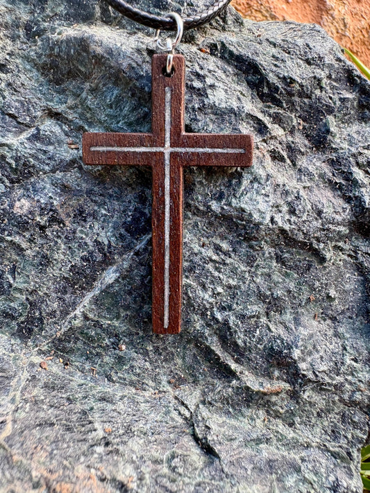 Black Walnut Cross Necklace, White Shimmer Resin Inlay, Faith Jewelry, Adjustable Cord