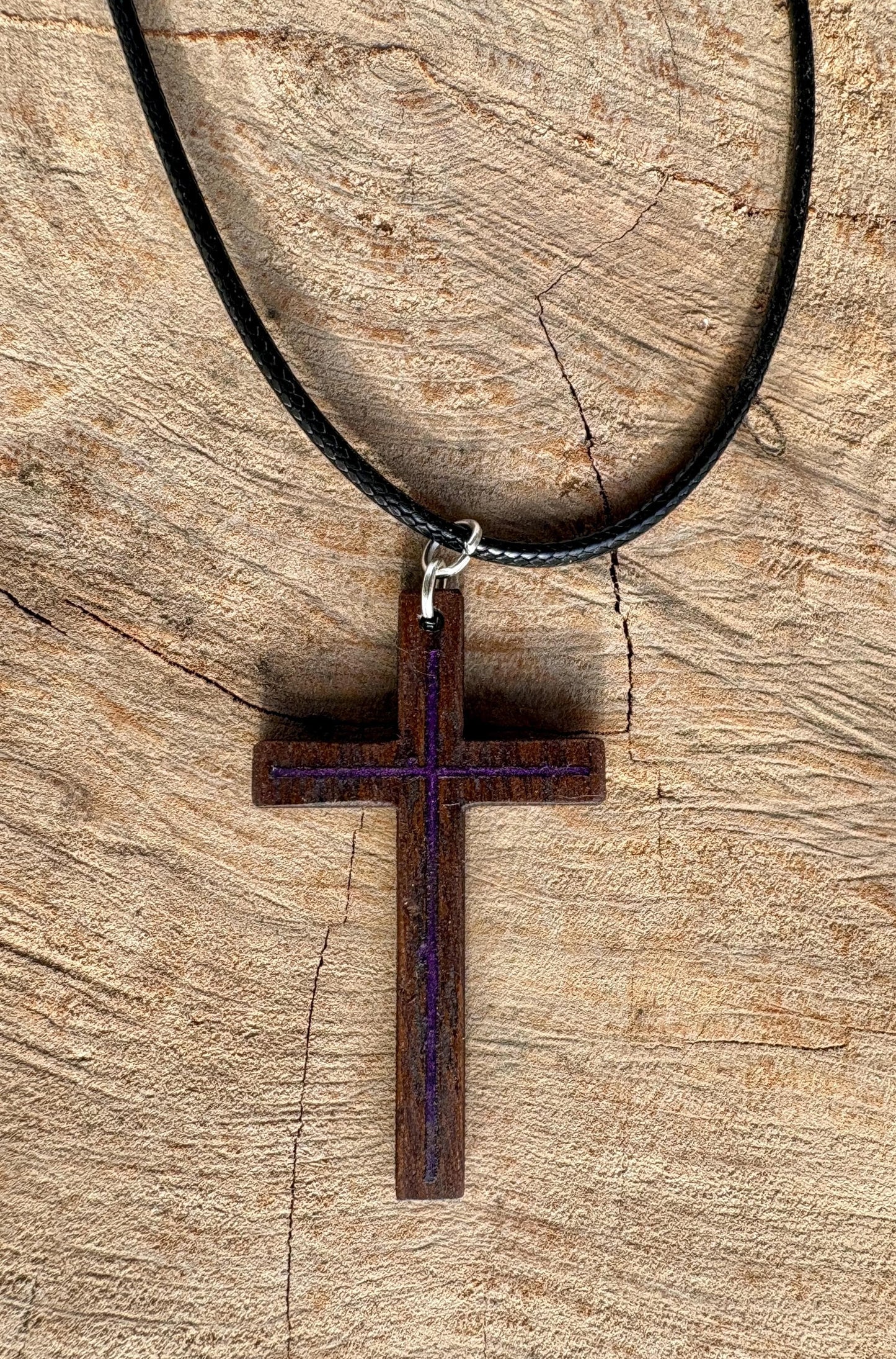 Handmade Black Walnut Cross Necklace, Purple Resin Inlay, Faith Accessory
