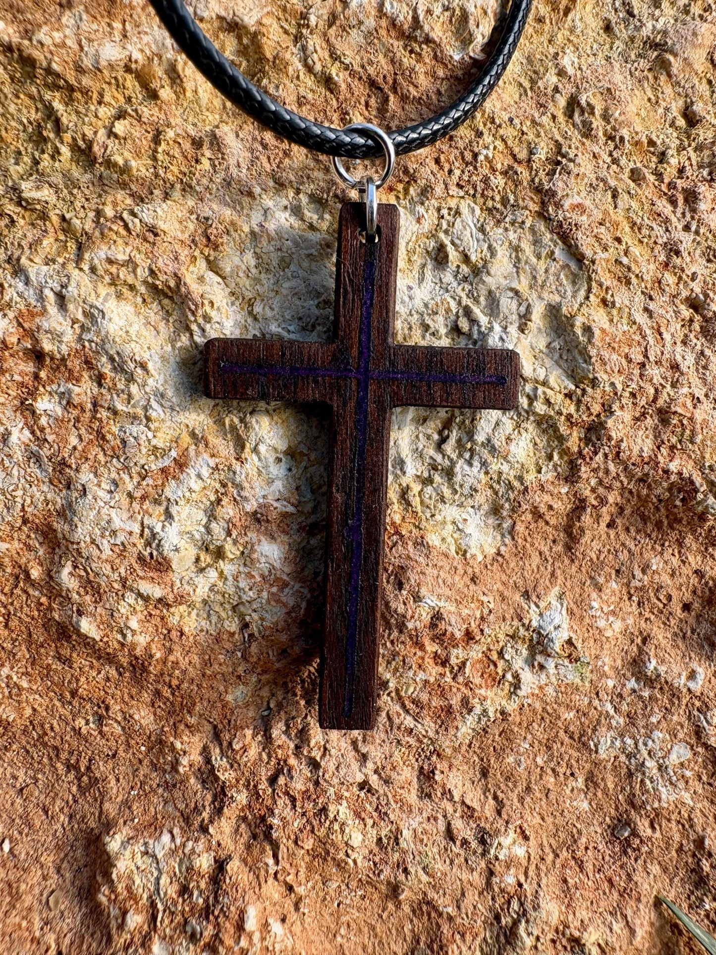 Handmade Black Walnut Cross Necklace, Purple Resin Inlay, Faith Accessory