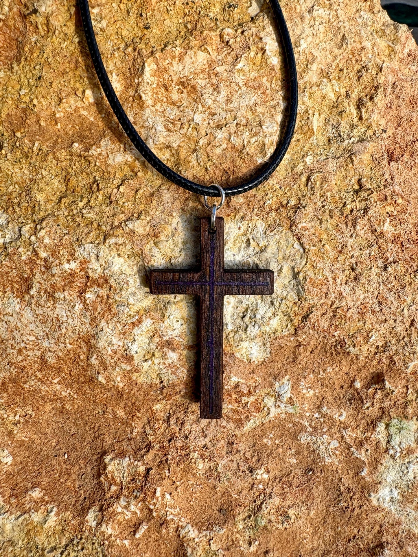 Handmade Black Walnut Cross Necklace, Purple Resin Inlay, Faith Accessory
