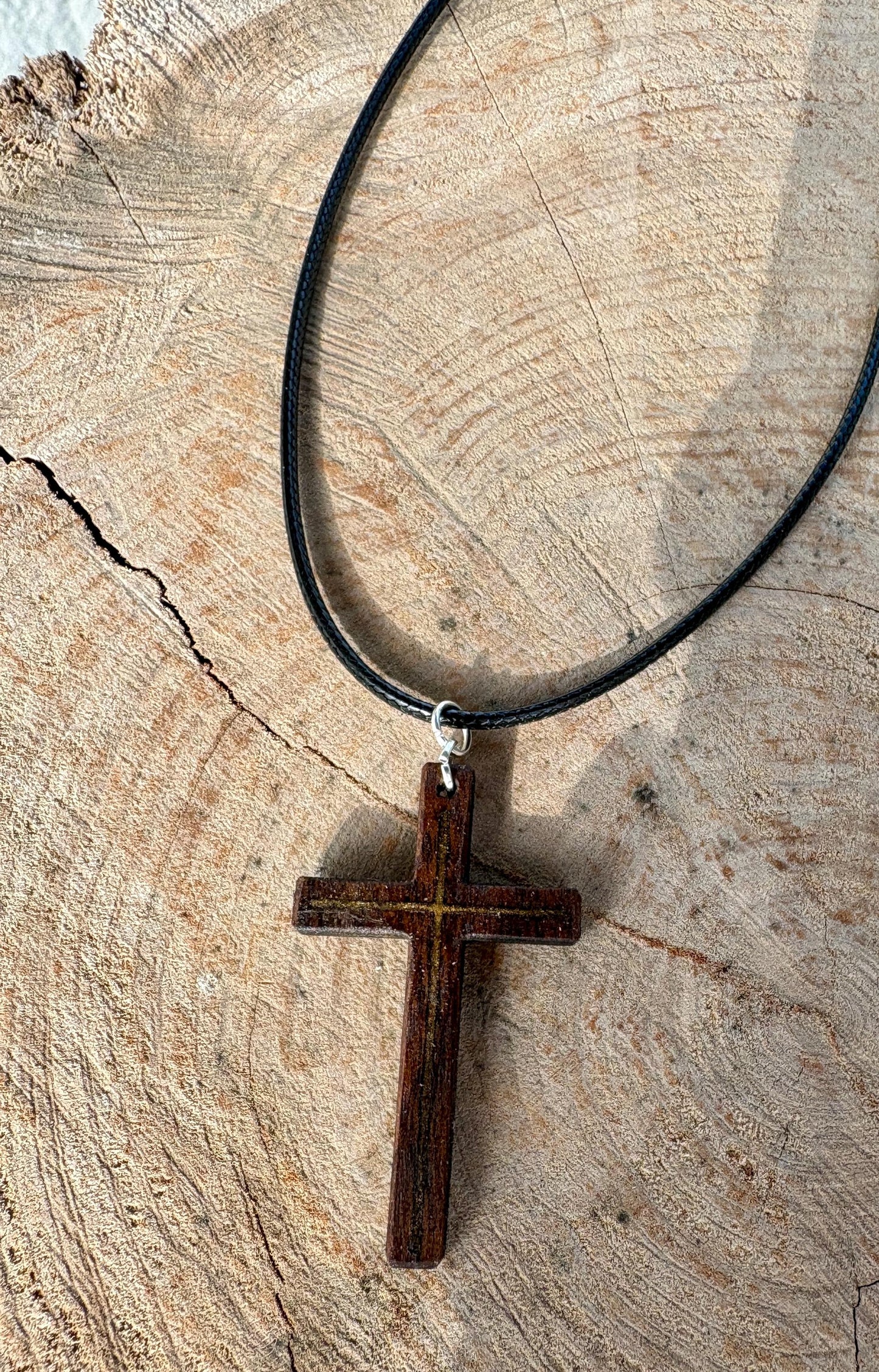 Handmade Black Walnut Cross Necklace, Gold Resin Inlay, Faith Accessory