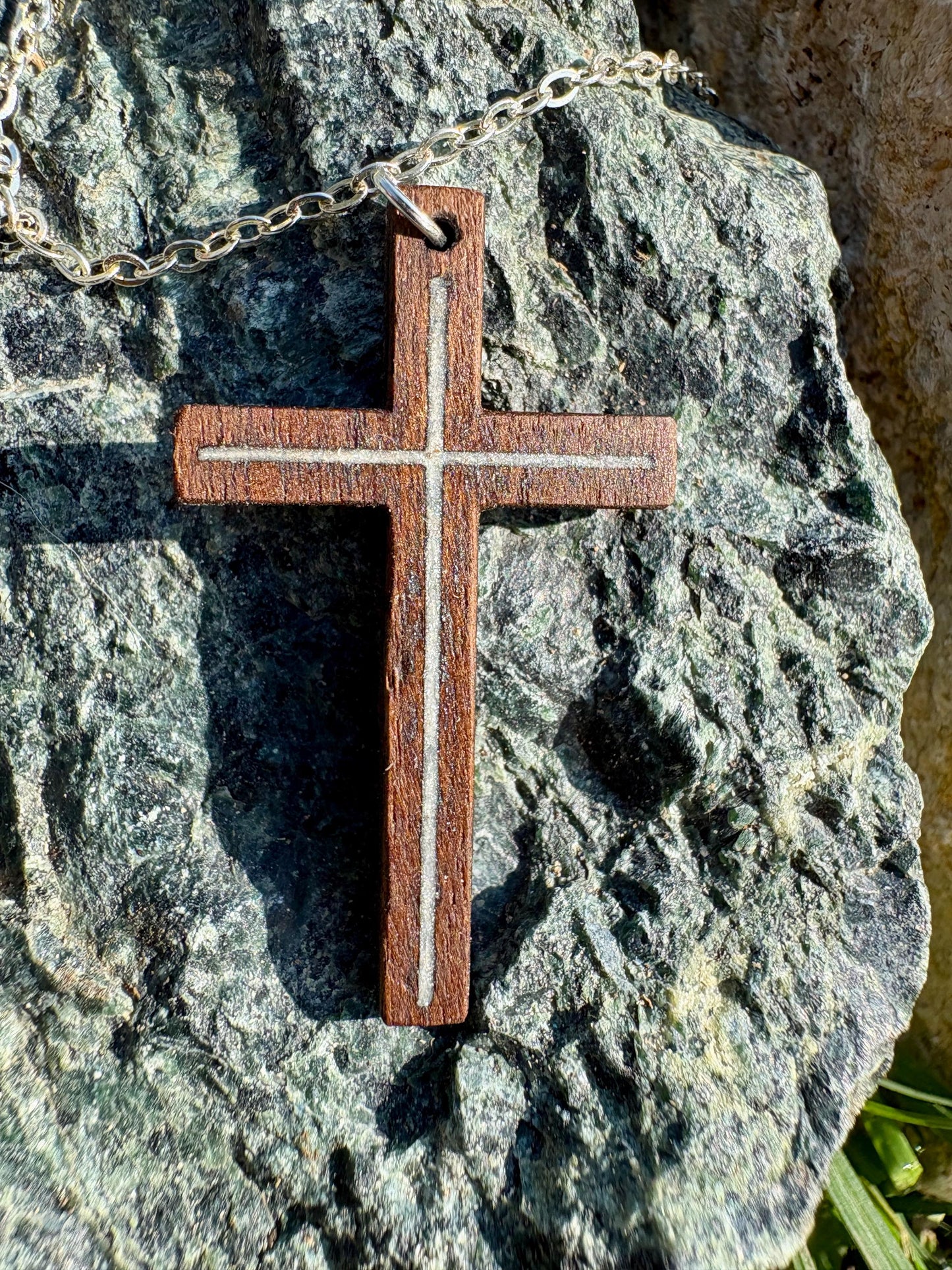 Handmade Black Walnut Cross Necklace, White Resin Inlay, Faith Jewelry