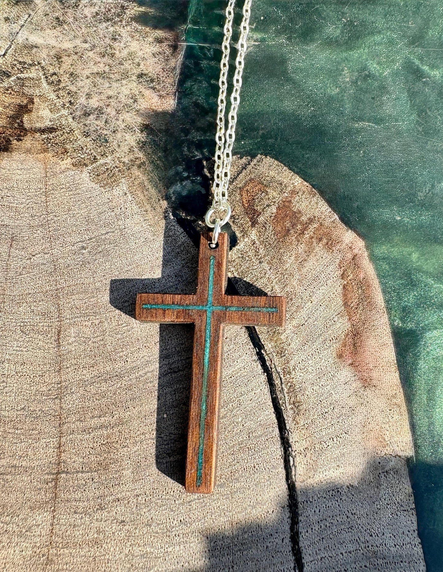 Handmade Black Walnut Cross Necklace, Turquoise Resin Inlay, Faith Jewelry