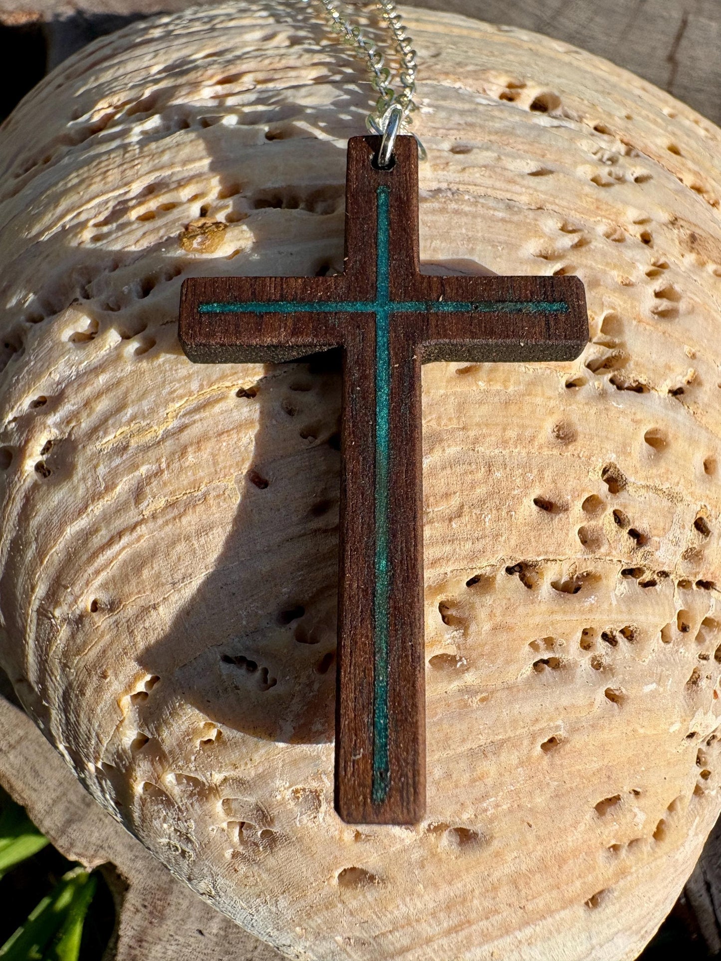 Handmade Black Walnut Cross Necklace, Turquoise Resin Inlay, Faith Jewelry