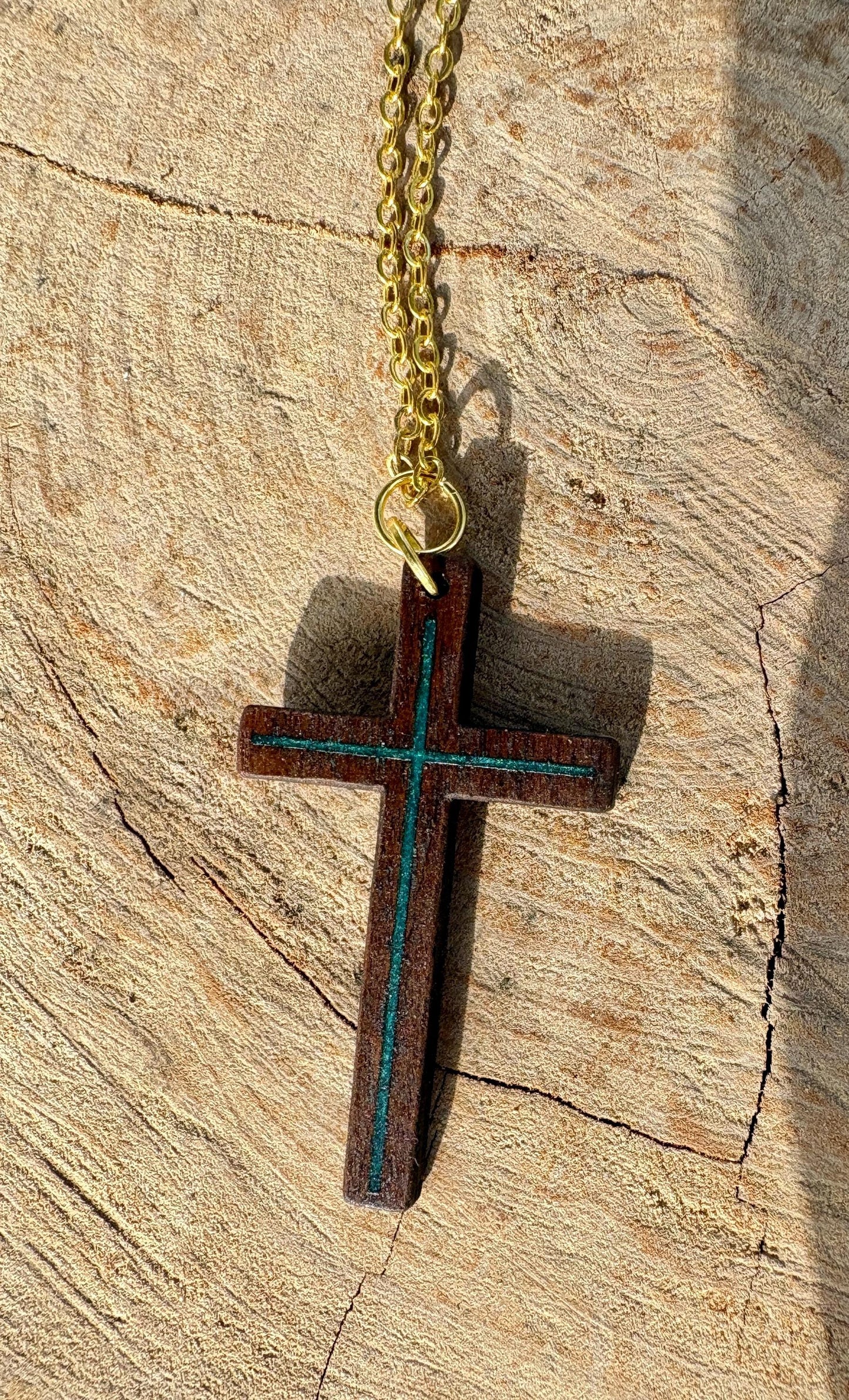 Handmade Black Walnut Cross Necklace, Turquoise Resin Inlay, Faith Jewelry
