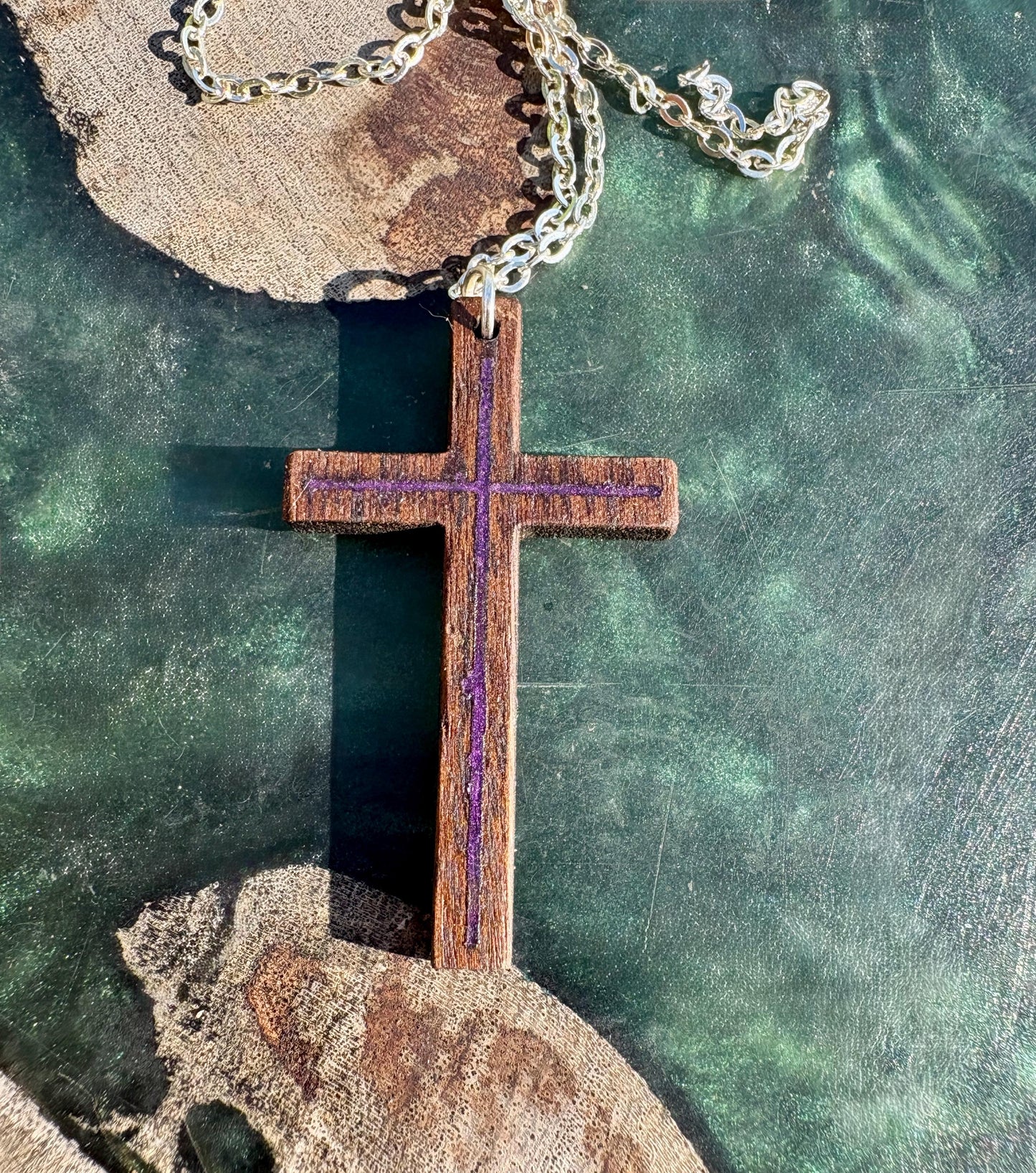 Black Walnut Cross Necklace, Purple Resin Inlay, Gold or Silver Chain