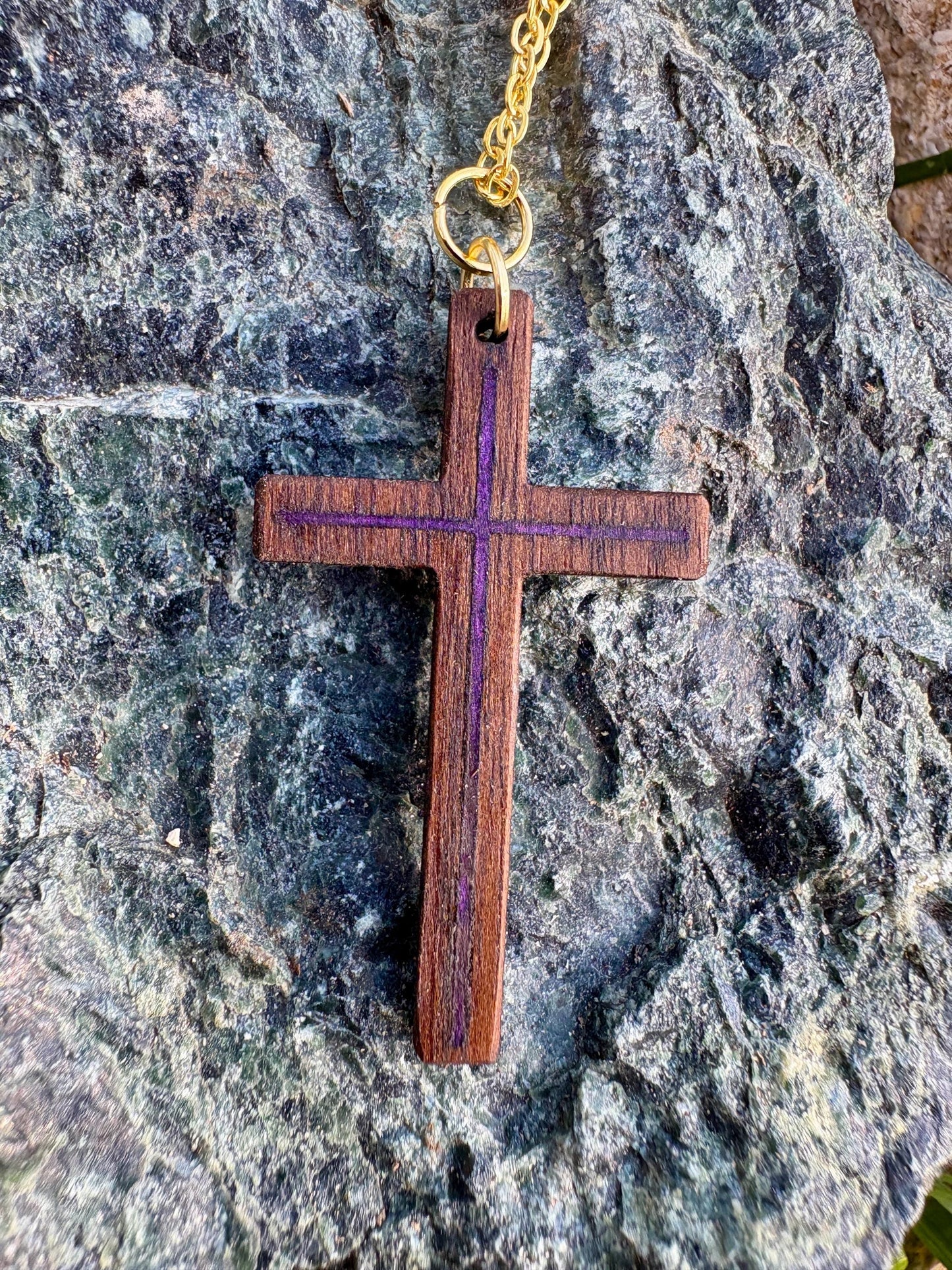 Black Walnut Cross Necklace, Purple Resin Inlay, Gold or Silver Chain