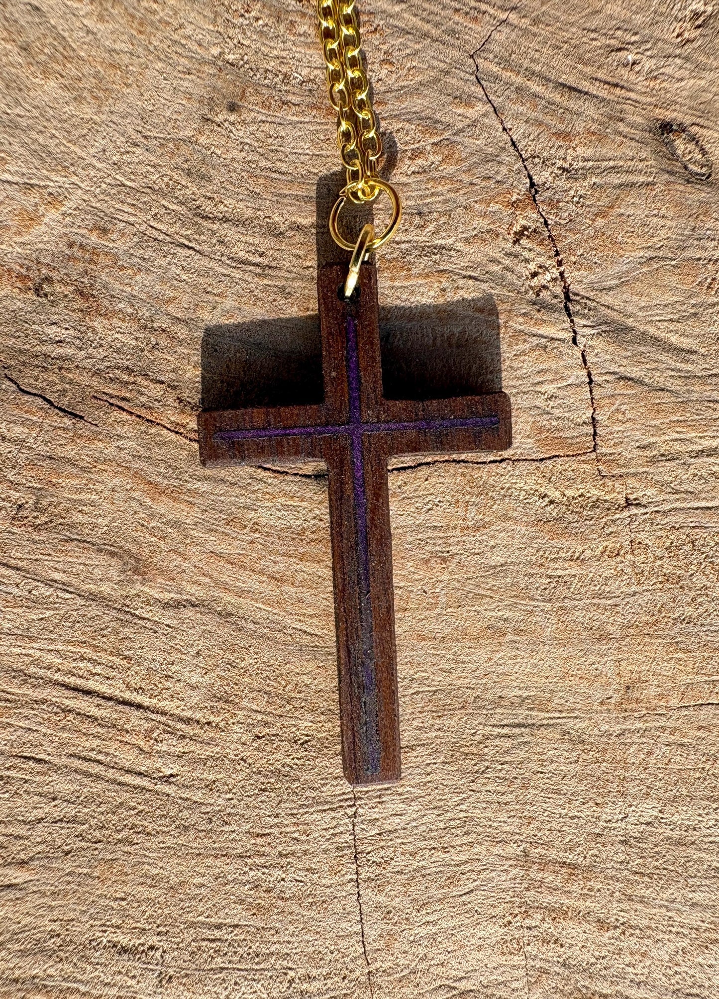 Black Walnut Cross Necklace, Purple Resin Inlay, Gold or Silver Chain