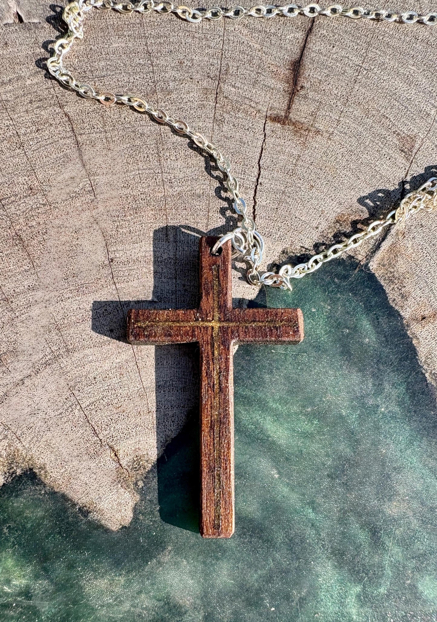 Handmade Black Walnut Cross Necklace, Gold Resin Inlay, Faith Jewelry