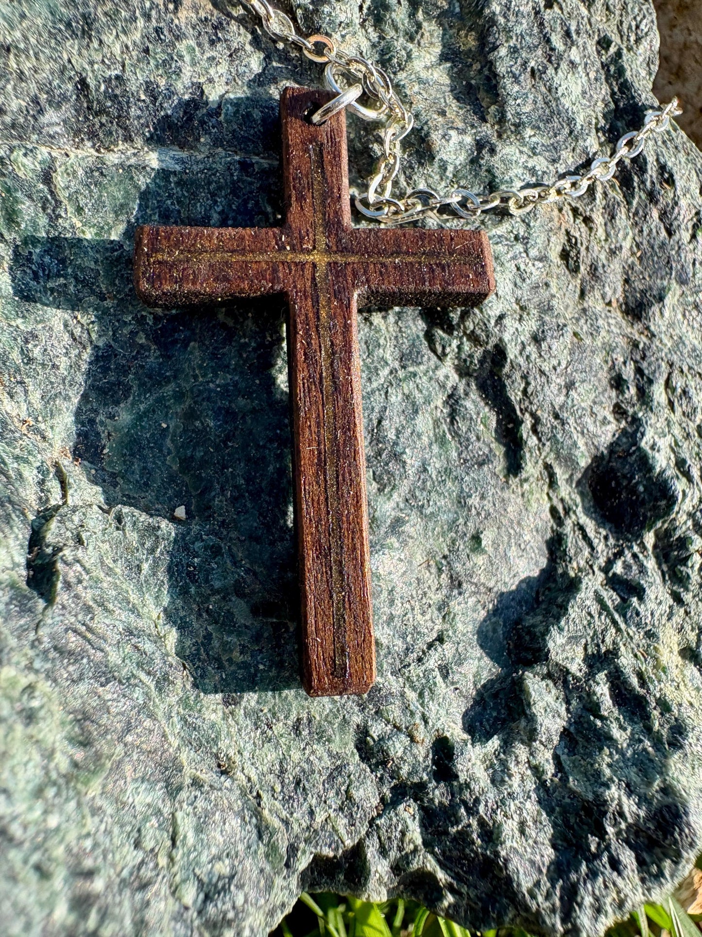 Handmade Black Walnut Cross Necklace, Gold Resin Inlay, Faith Jewelry