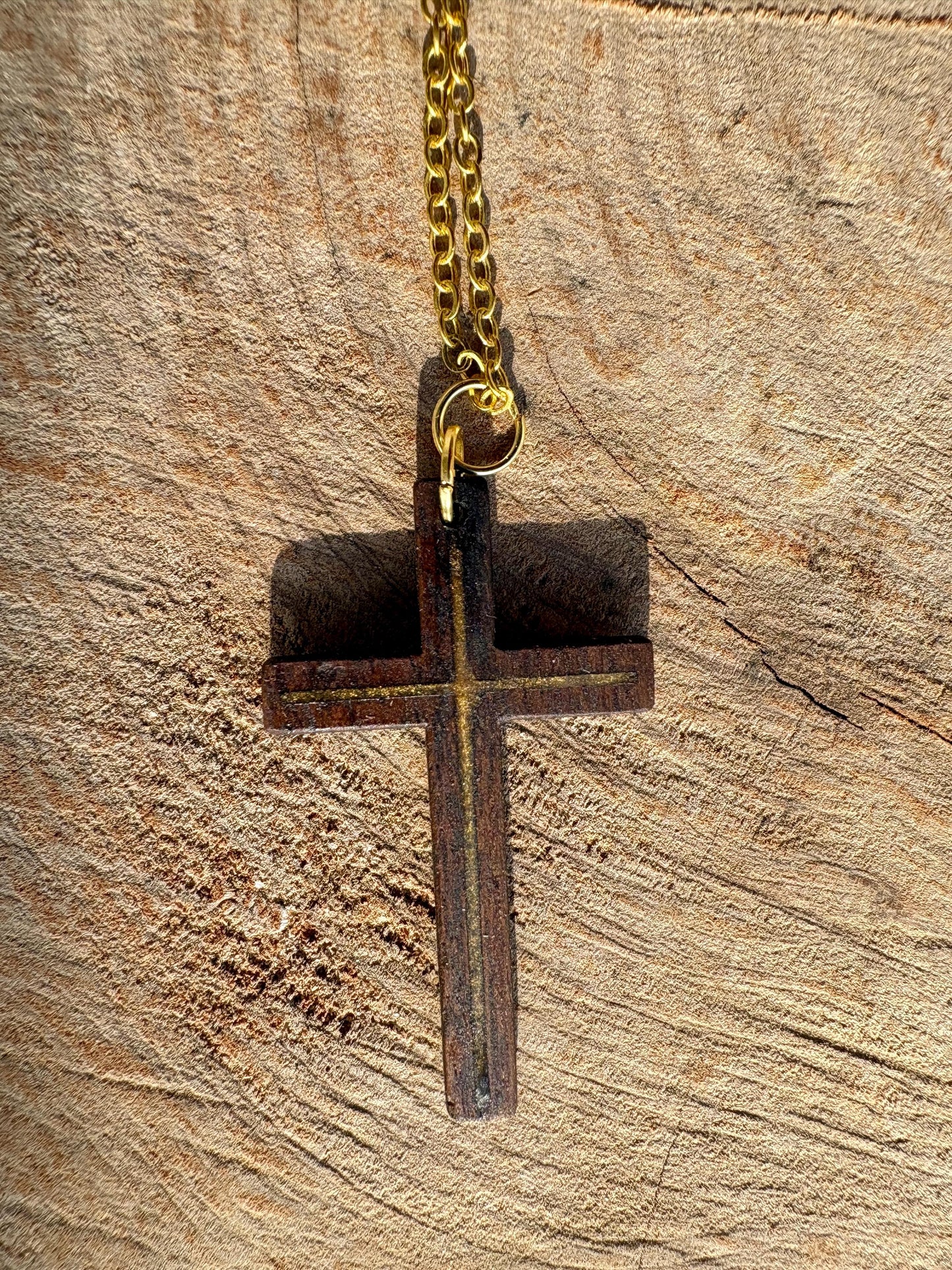 Handmade Black Walnut Cross Necklace, Gold Resin Inlay, Faith Jewelry