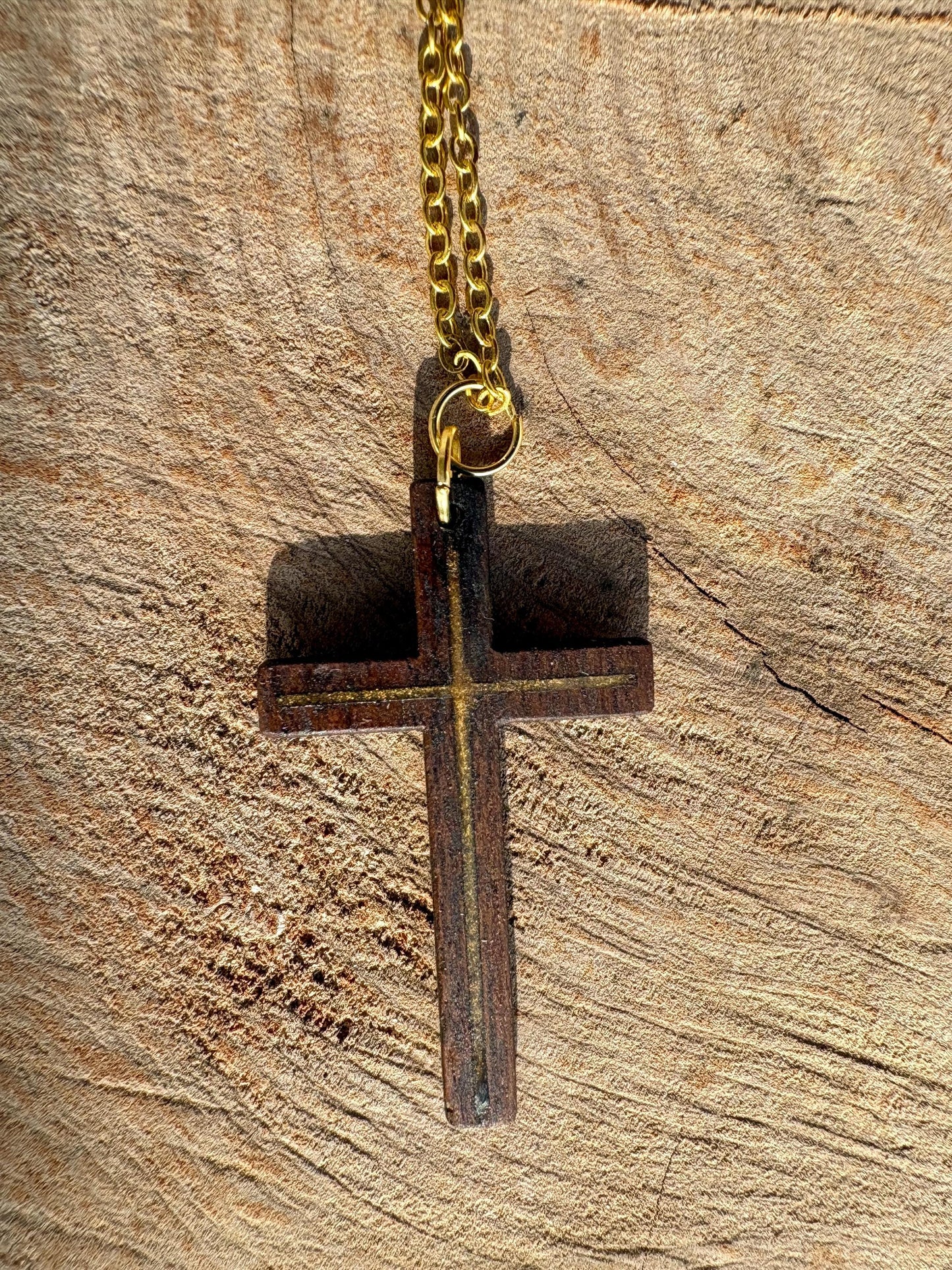 Handmade Black Walnut Cross Necklace, Gold Resin Inlay, Faith Jewelry