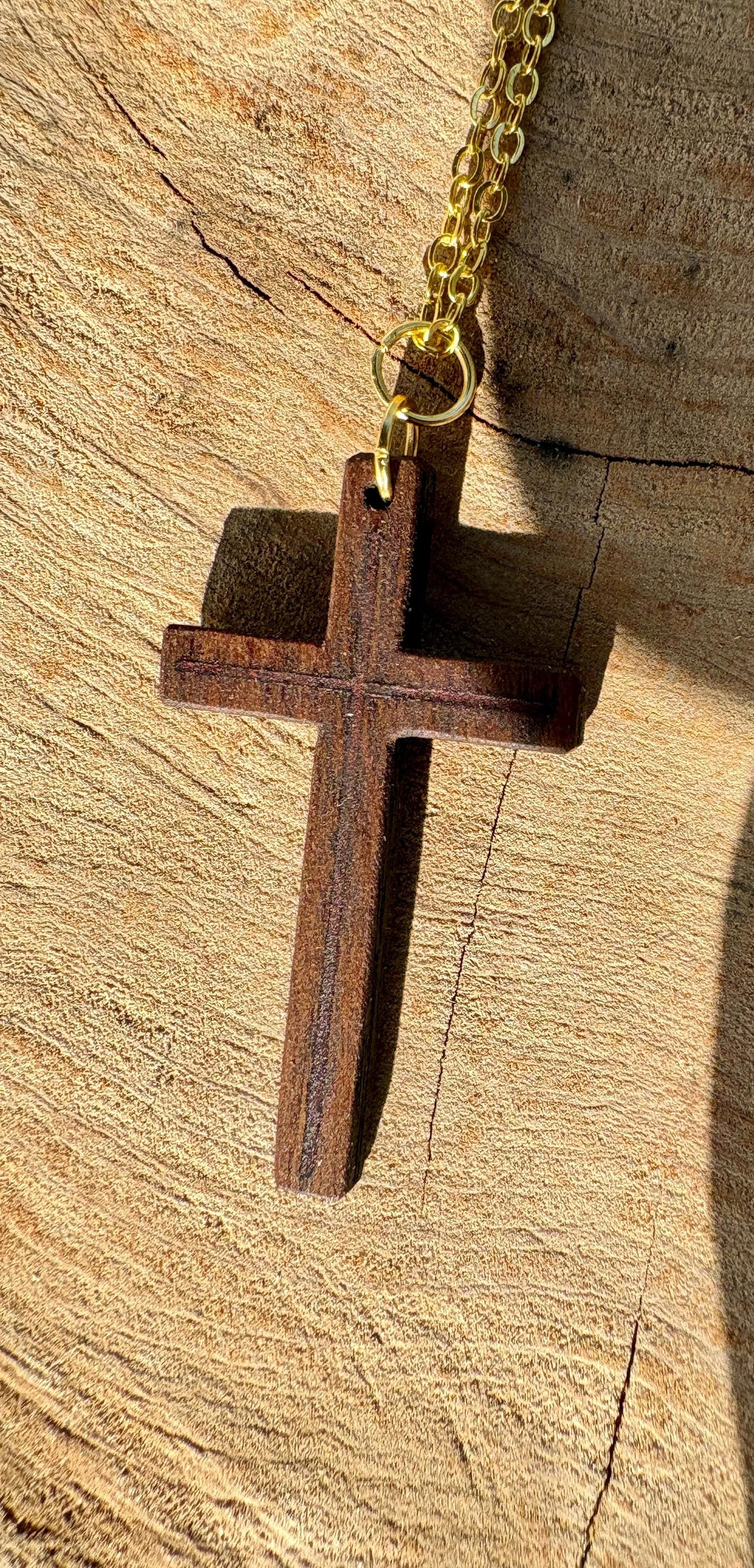 Handmade Black Walnut Cross Necklace, Red Resin Inlay, Gold or Silver Chain