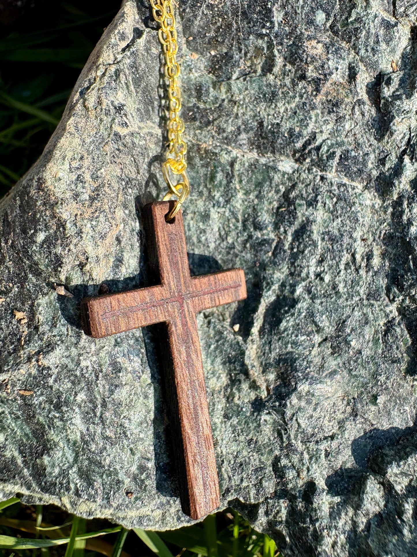 Handmade Black Walnut Cross Necklace, Red Resin Inlay, Gold or Silver Chain