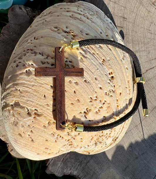 Handmade Black Walnut Cross Bracelet, Red Resin Inlay, Adjustable Cord, Spring and Summer Jewelry