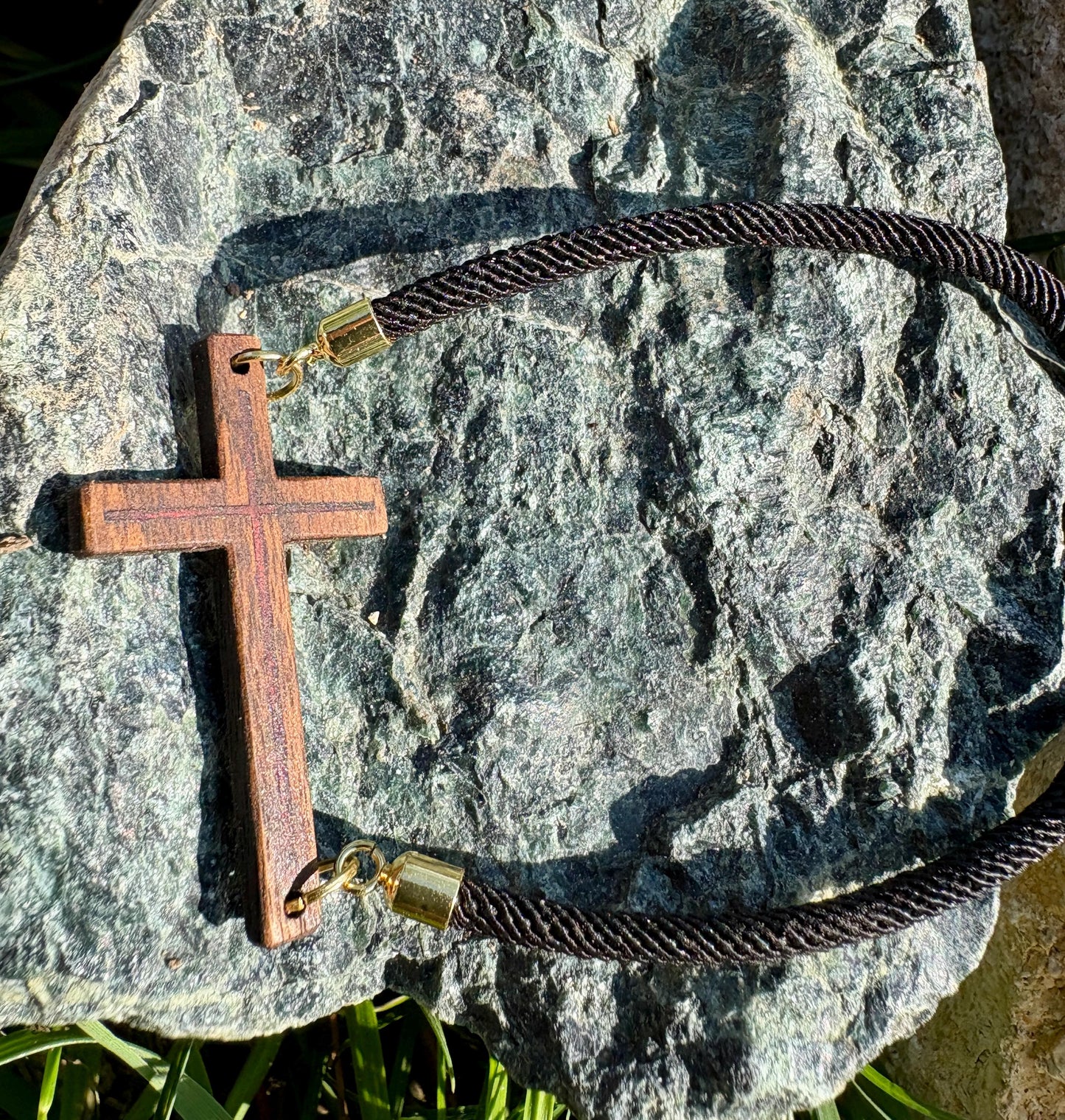 Handmade Black Walnut Cross Bracelet, Red Resin Inlay, Adjustable Cord, Spring and Summer Jewelry