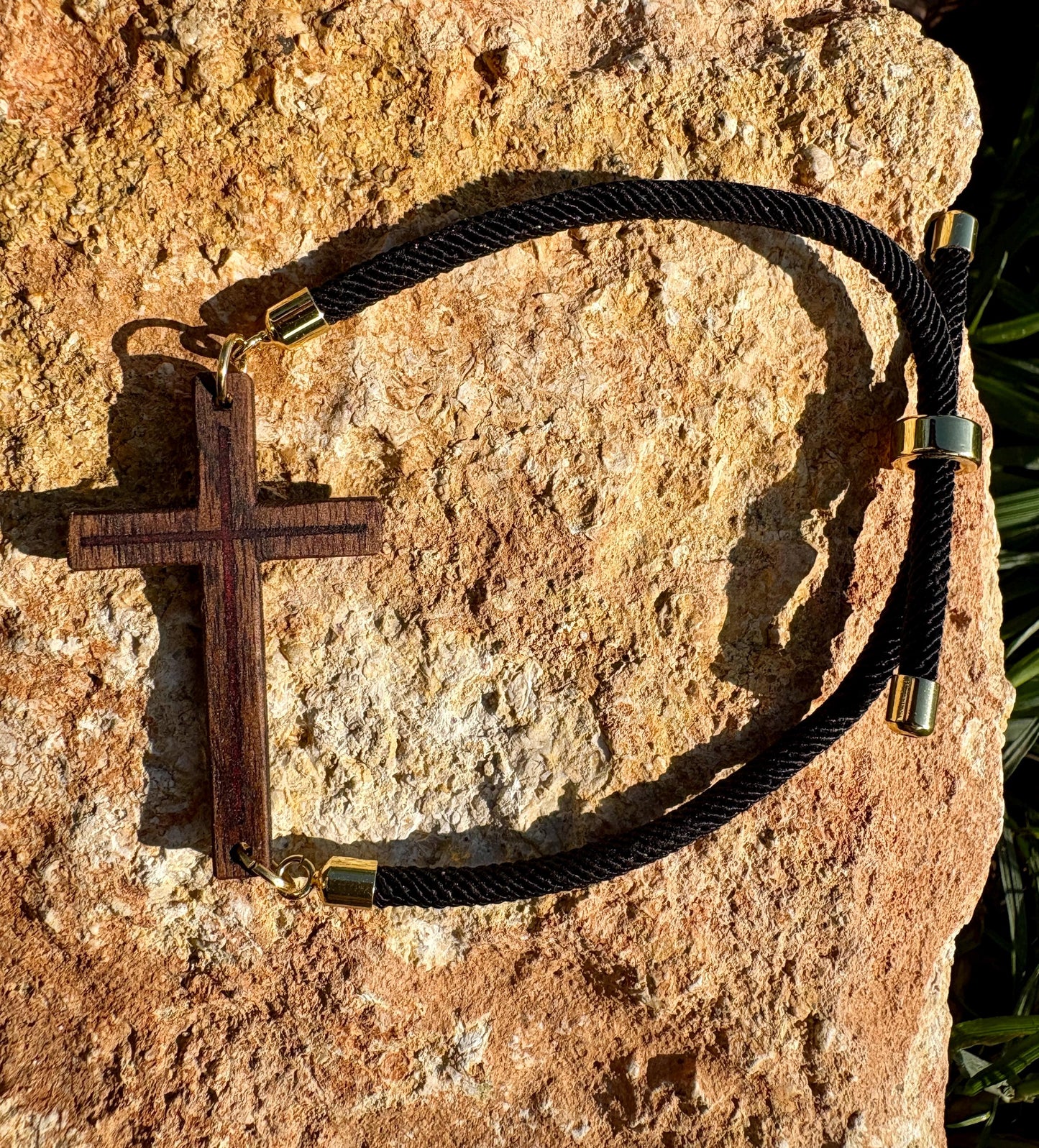 Handmade Black Walnut Cross Bracelet, Red Resin Inlay, Adjustable Cord, Spring and Summer Jewelry