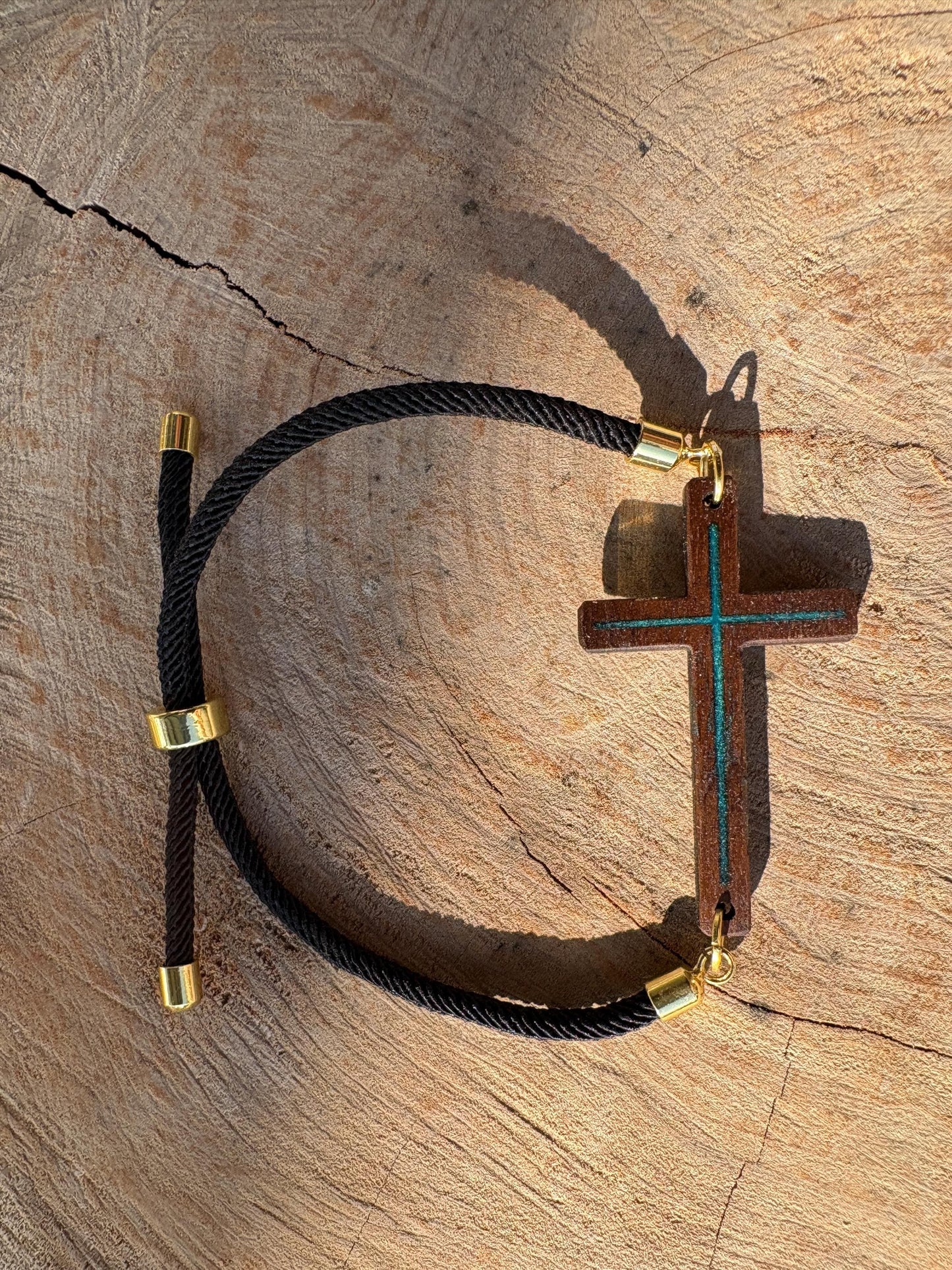 Black Walnut Cross Bracelet, Turquoise Resin Inlay, Adjustable Cord, Faith Jewelry