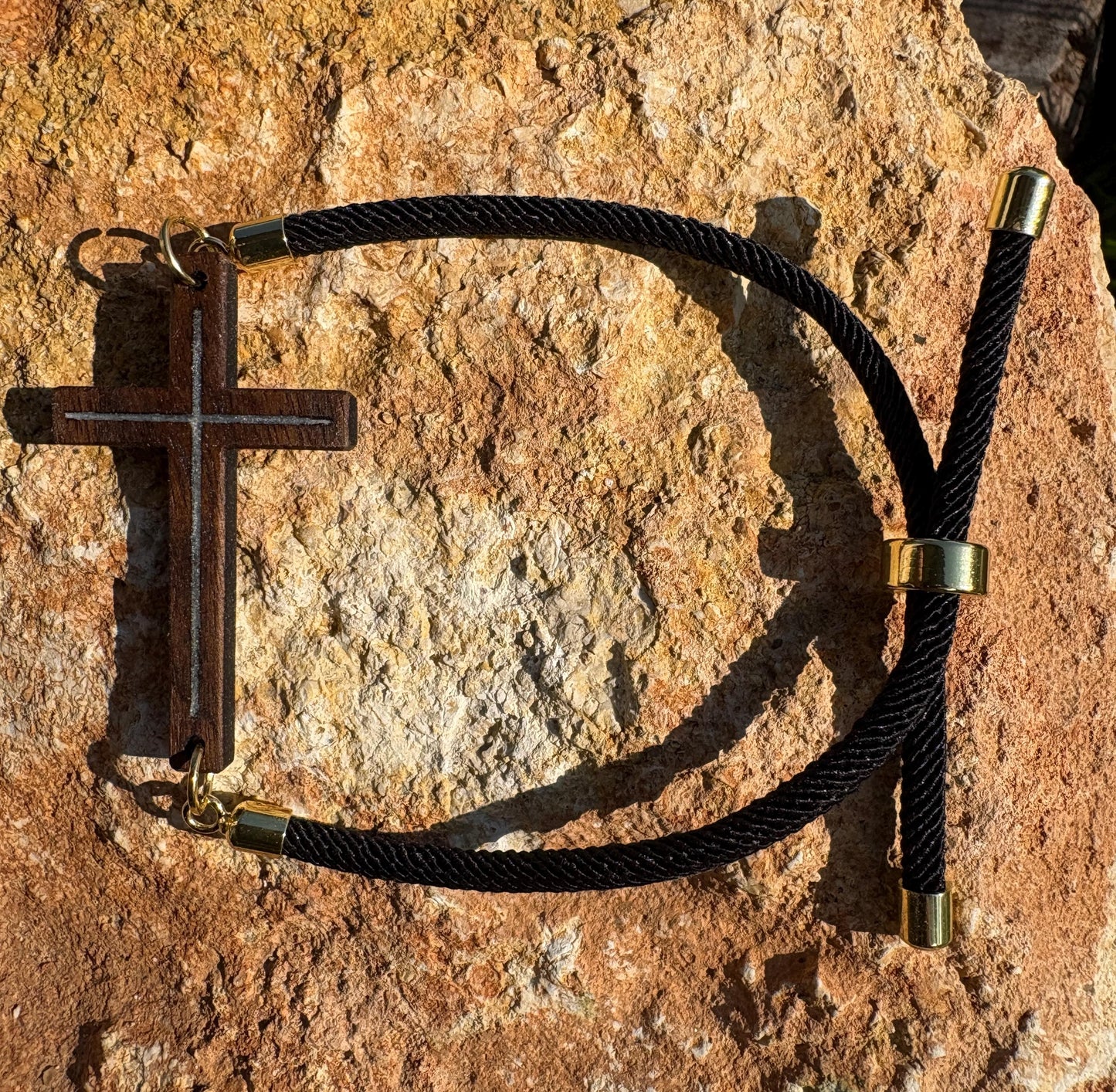 Black Walnut Cross Bracelet, White Resin Inlay, Adjustable Cord, Faith Jewelry