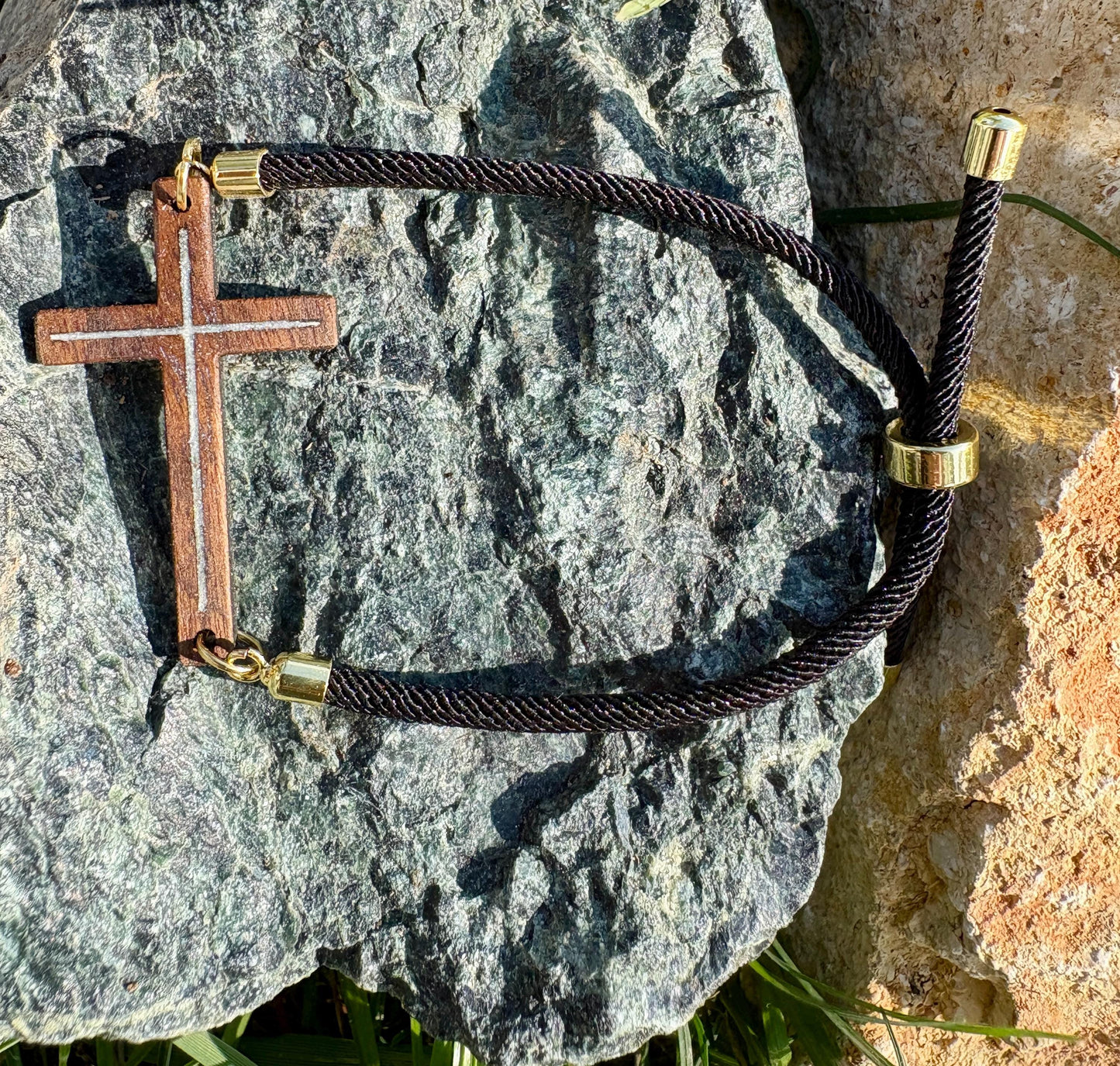 Black Walnut Cross Bracelet, White Resin Inlay, Adjustable Cord, Faith Jewelry