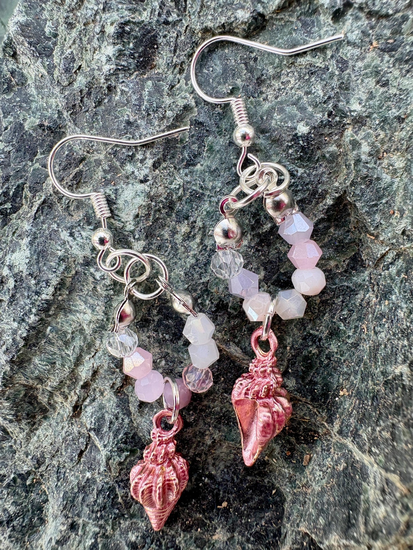 Handmade Pink Seashell Dangle Earrings, Pastel Beaded Coastal Jewelry Earrings Consecrated Jewelry Co.