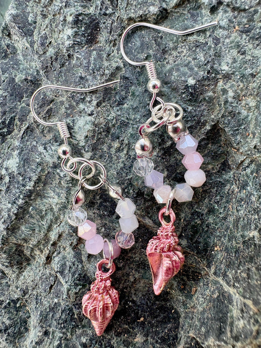 Handmade Pink Seashell Dangle Earrings, Pastel Beaded Coastal Jewelry Earrings Consecrated Jewelry Co.