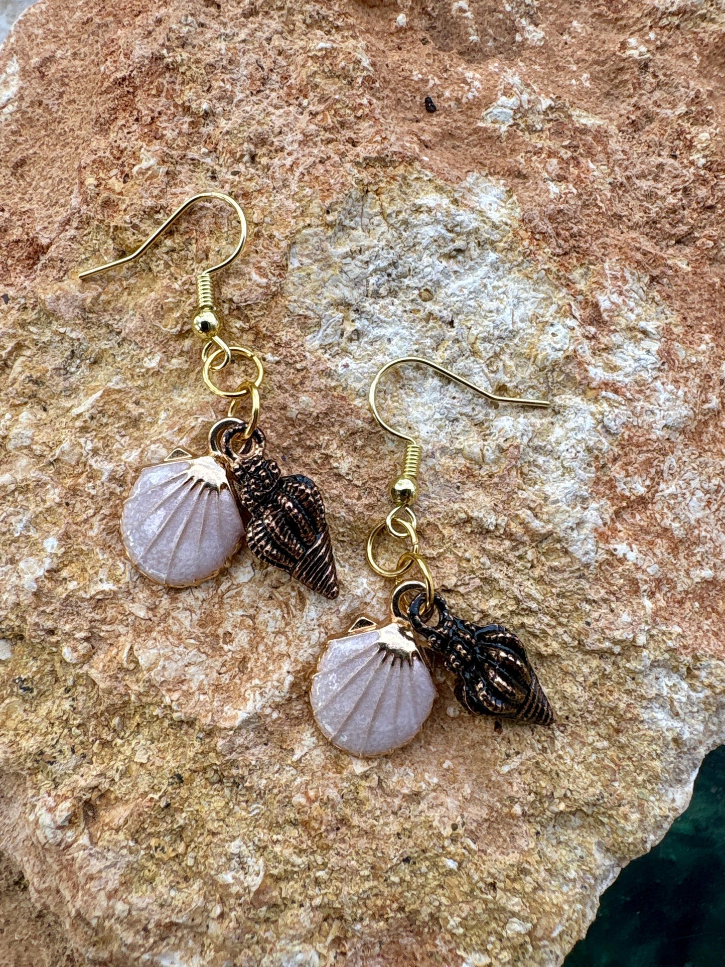 Handmade Ivory and Bronze Conch Seashell Dangle Earrings, Pastel Beaded Coastal Jewelry, Gold Fishhooks, Beach Gift Consecrated Jewelry Co.