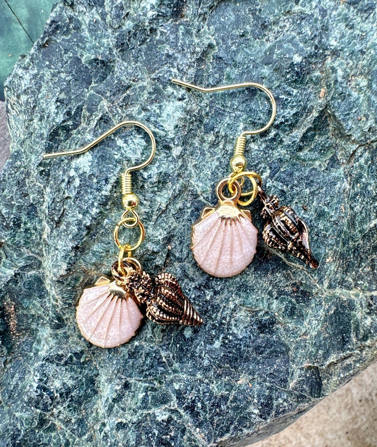 Handmade Ivory and Bronze Conch Seashell Dangle Earrings, Pastel Beaded Coastal Jewelry, Gold Fishhooks, Beach Gift Consecrated Jewelry Co.