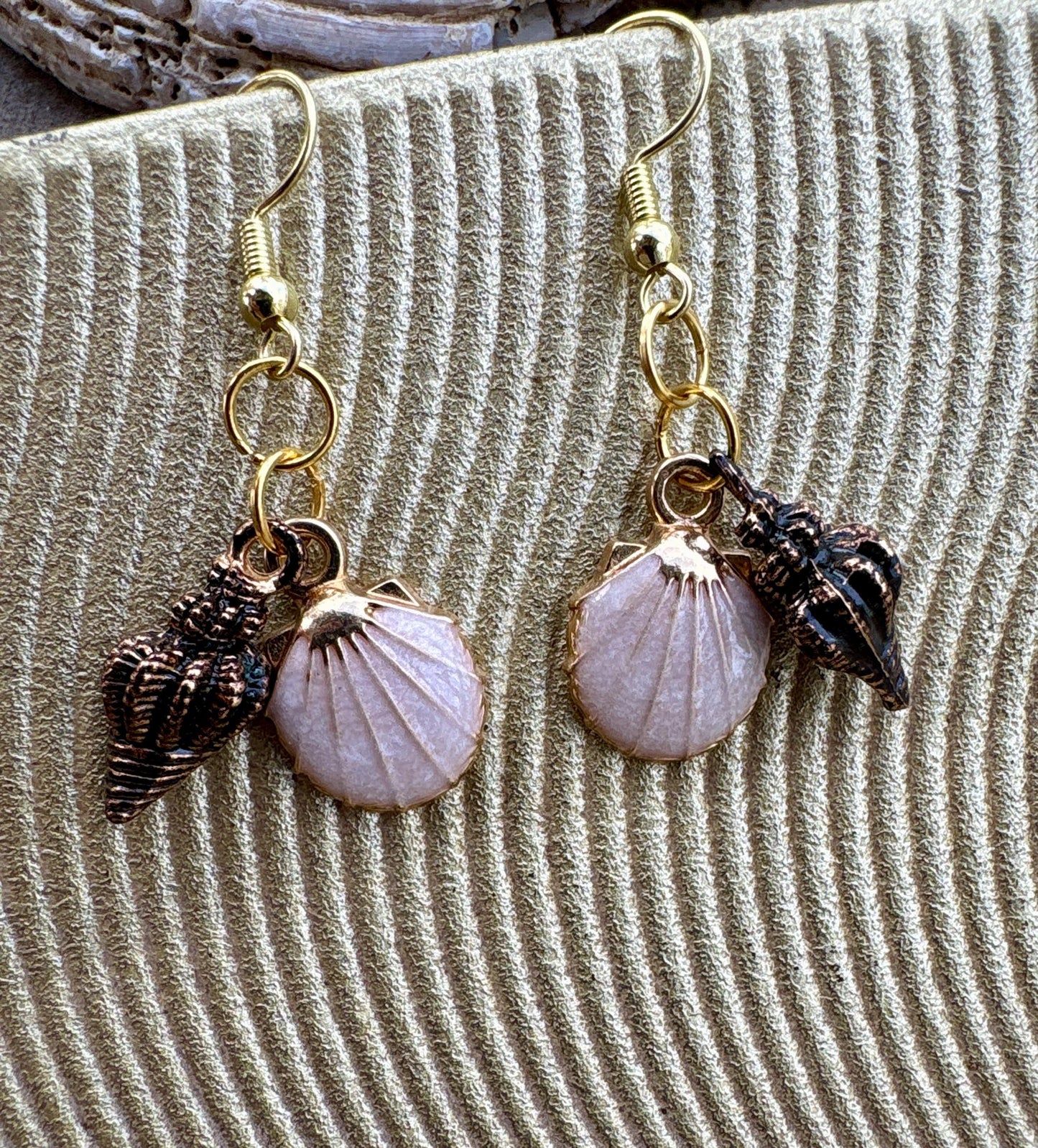 Handmade Ivory and Bronze Conch Seashell Dangle Earrings, Pastel Beaded Coastal Jewelry, Gold Fishhooks, Beach Gift Consecrated Jewelry Co.
