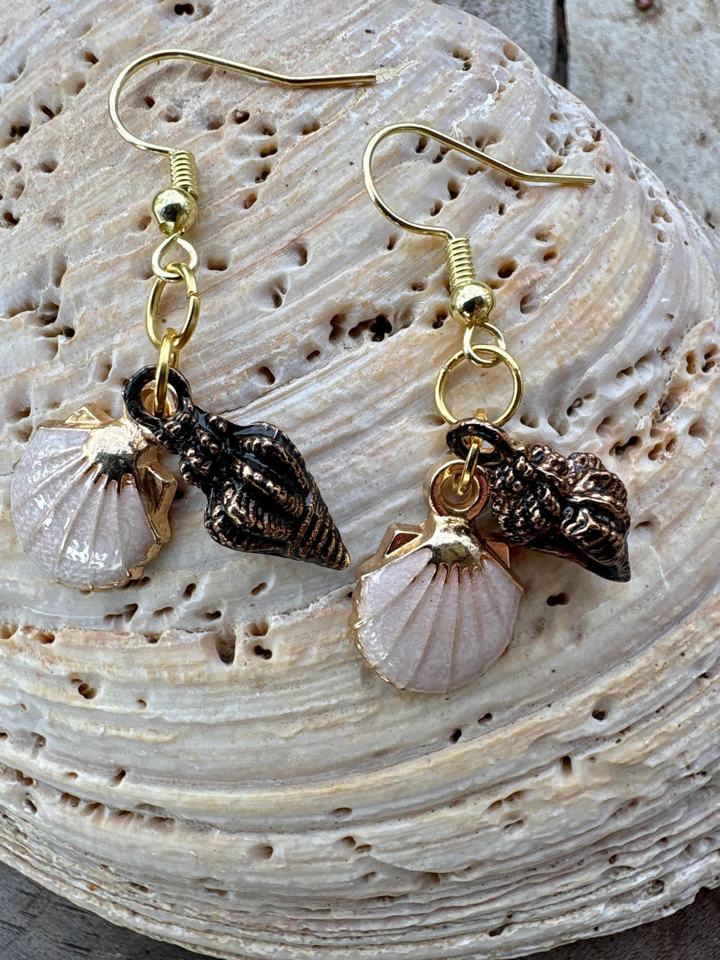 Handmade Ivory and Bronze Conch Seashell Dangle Earrings, Pastel Beaded Coastal Jewelry, Gold Fishhooks, Beach Gift Consecrated Jewelry Co.