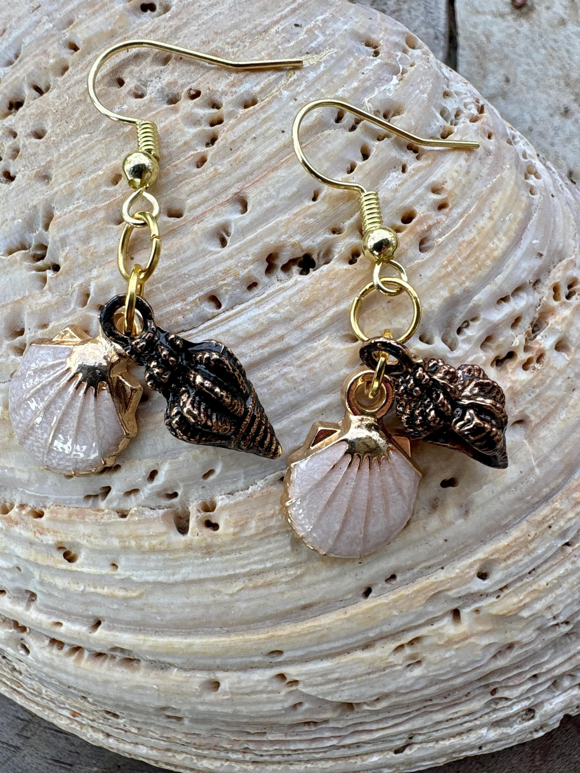 Handmade Ivory and Bronze Conch Seashell Dangle Earrings, Pastel Beaded Coastal Jewelry, Gold Fishhooks, Beach Gift Consecrated Jewelry Co.